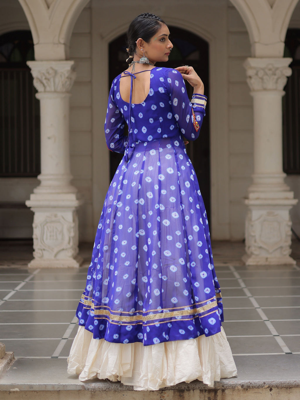 Blue bandhani print kurti with kutchi patchwork kora cotton lehenga