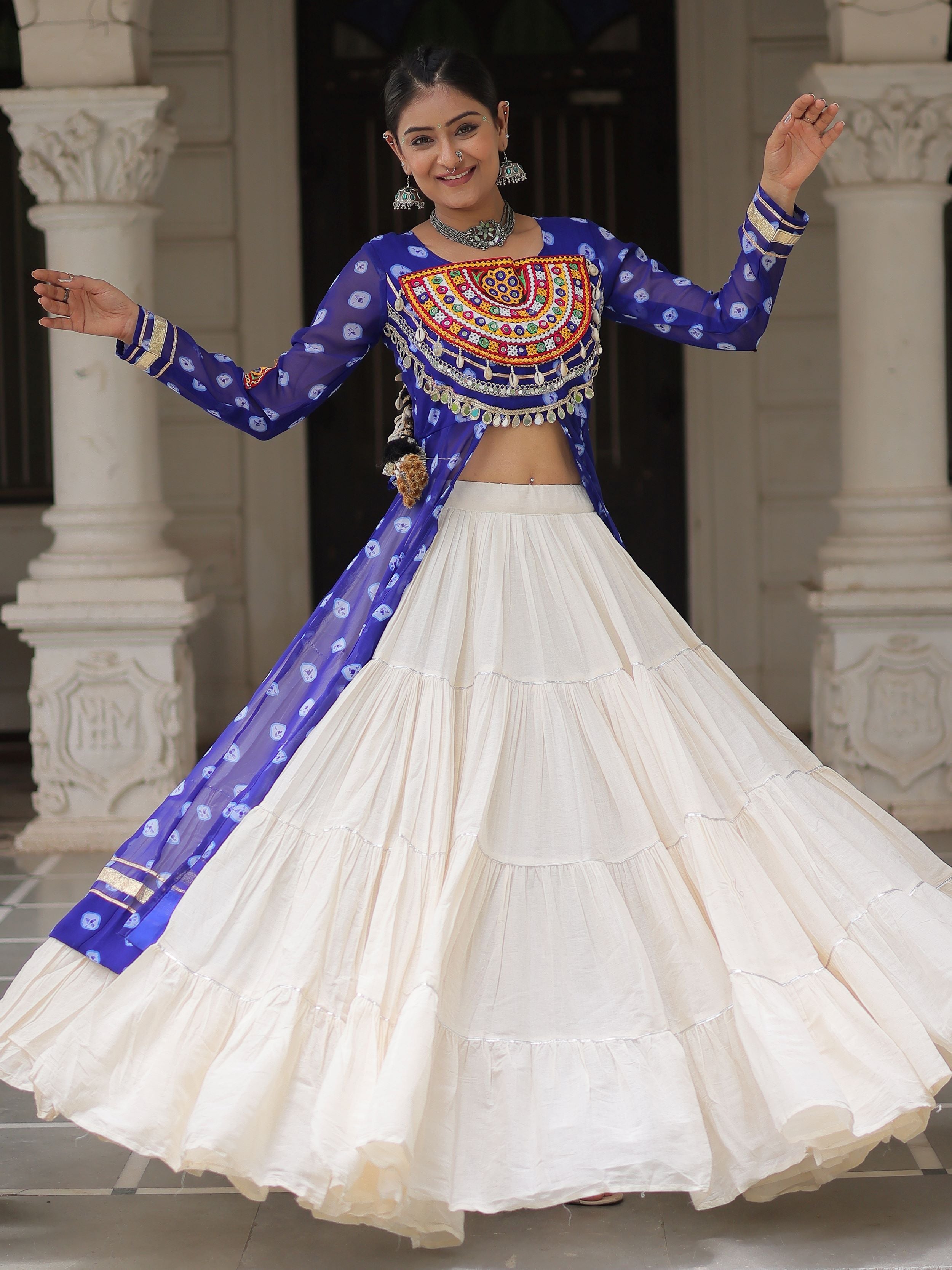 Blue Bandhani Print Kurti with Kutchi Patchwork Kora Cotton Lehenga