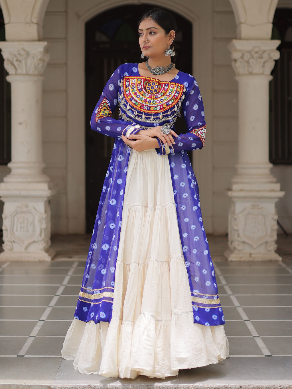 Blue bandhani print kurti with kutchi patchwork kora cotton lehenga