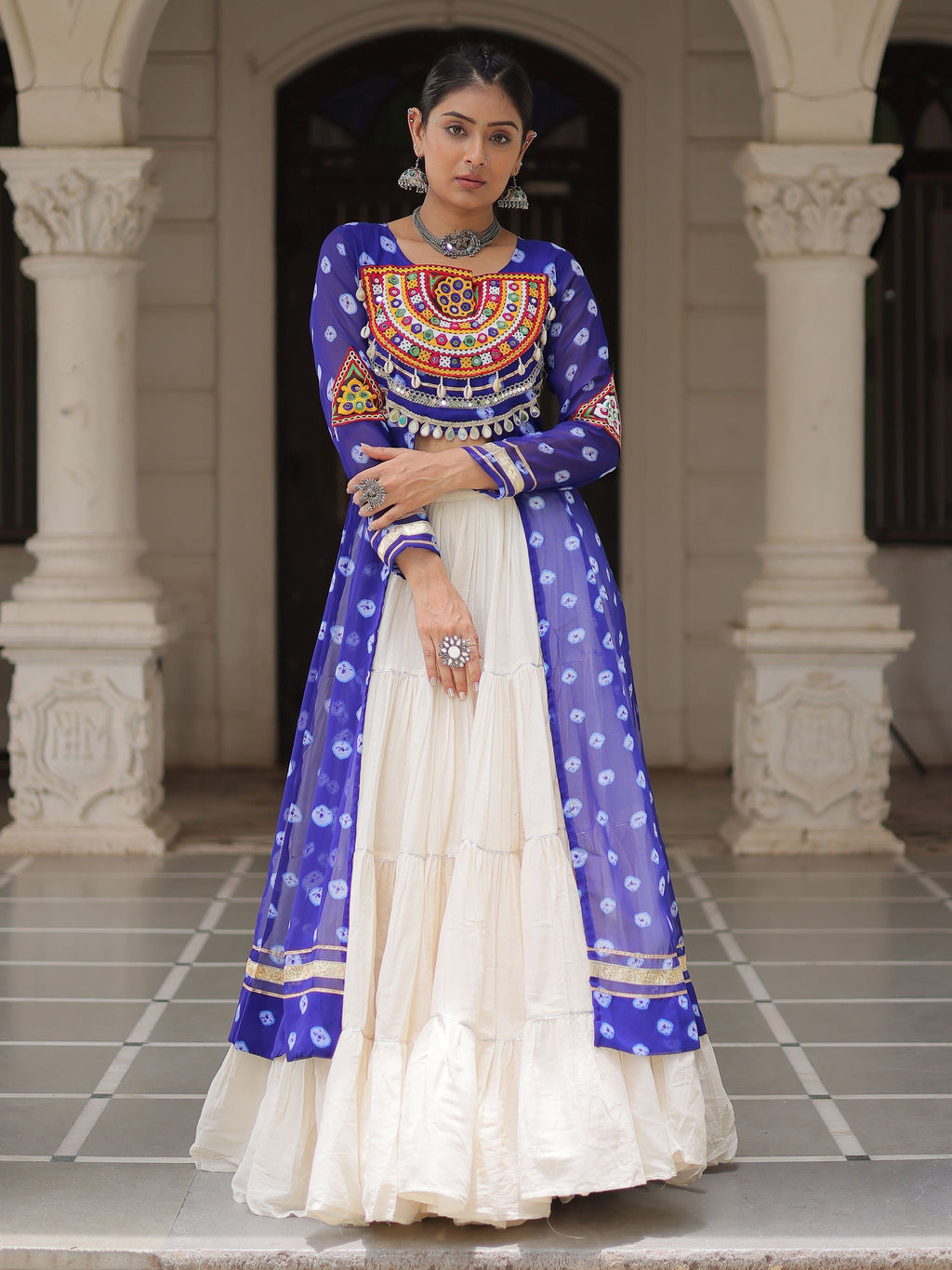 Blue bandhani print kurti with kutchi patchwork kora cotton lehenga
