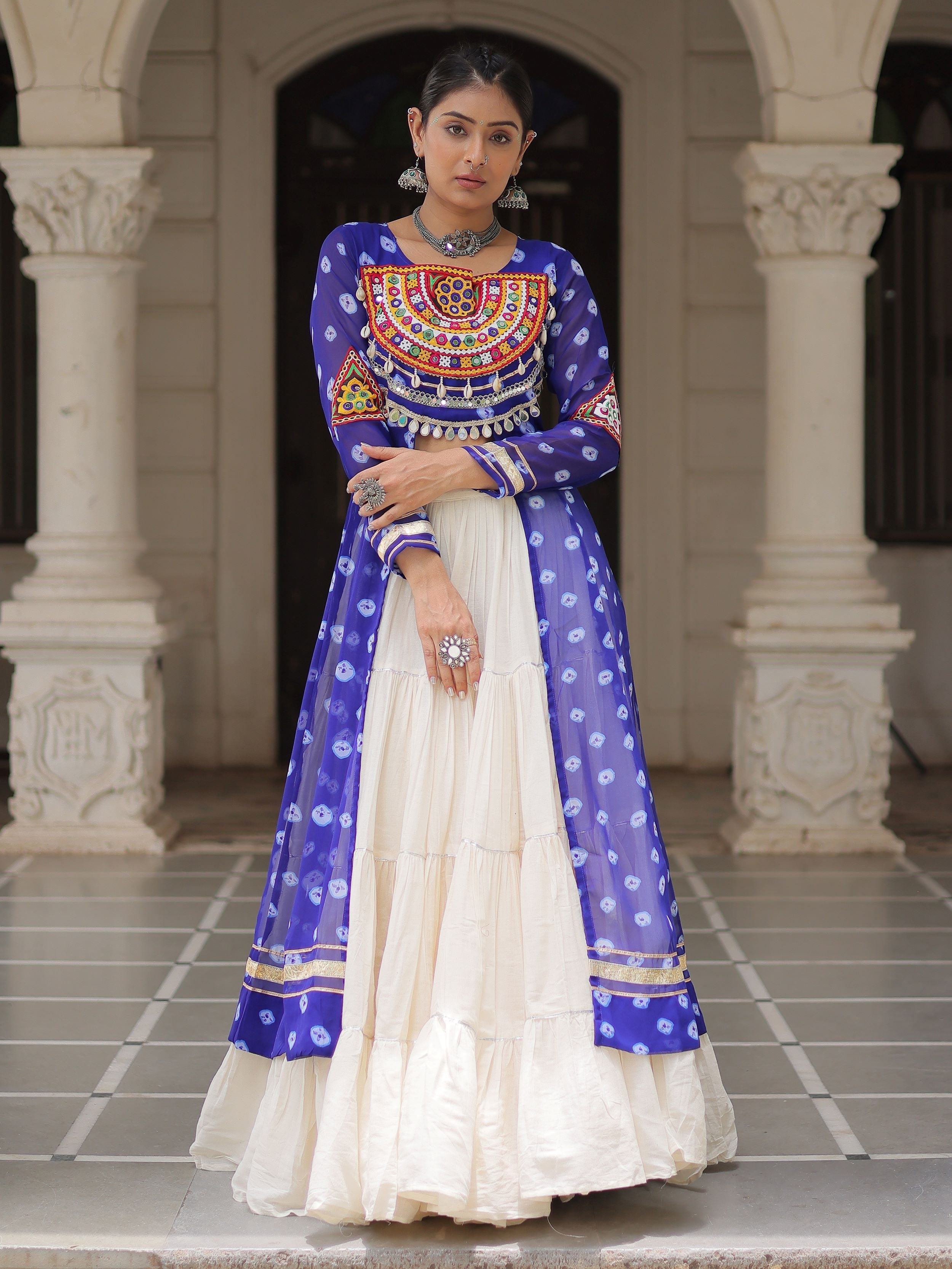 Blue Bandhani Print Kurti with Kutchi Patchwork Kora Cotton Lehenga