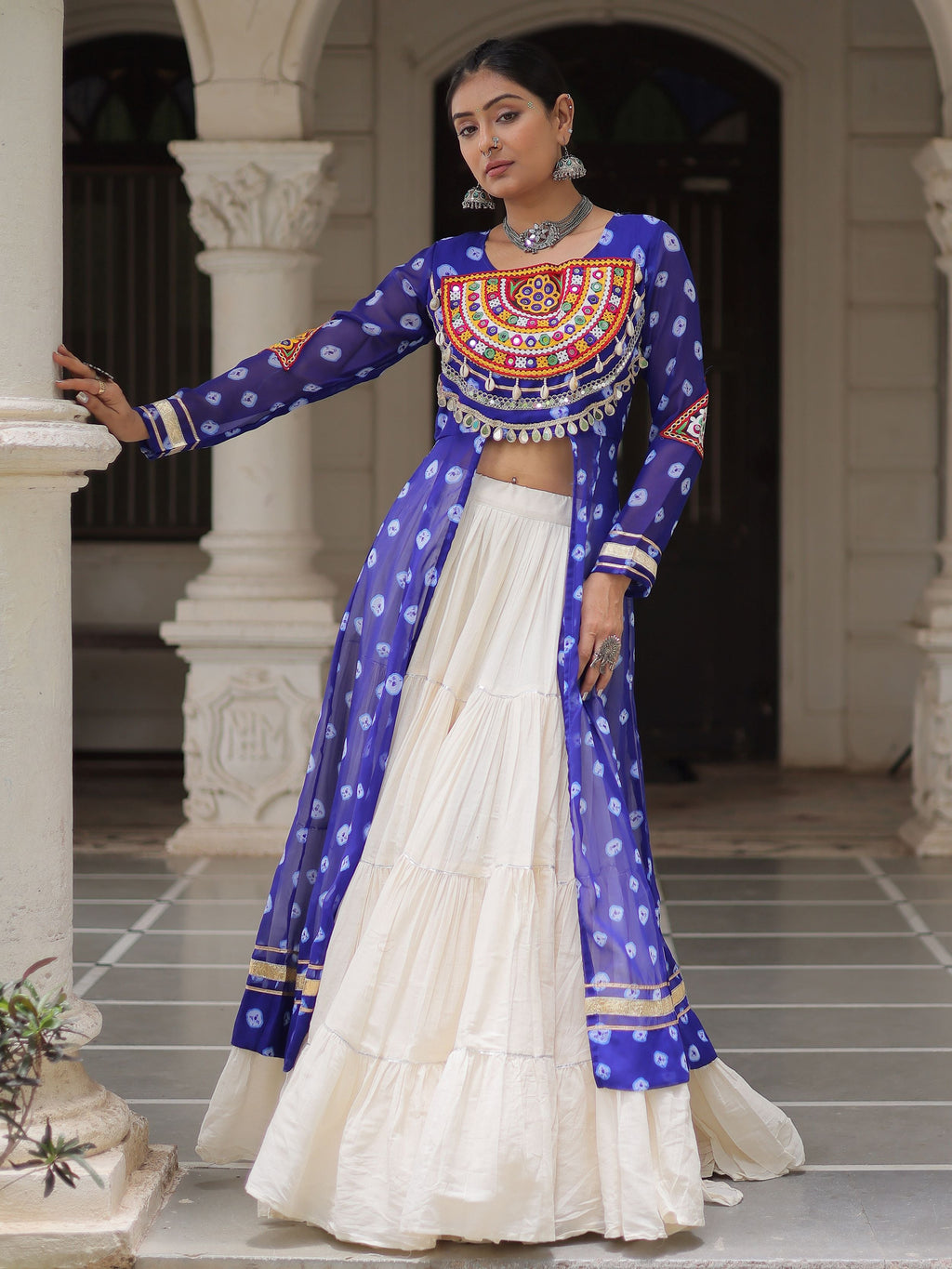 Blue bandhani print kurti with kutchi patchwork kora cotton lehenga