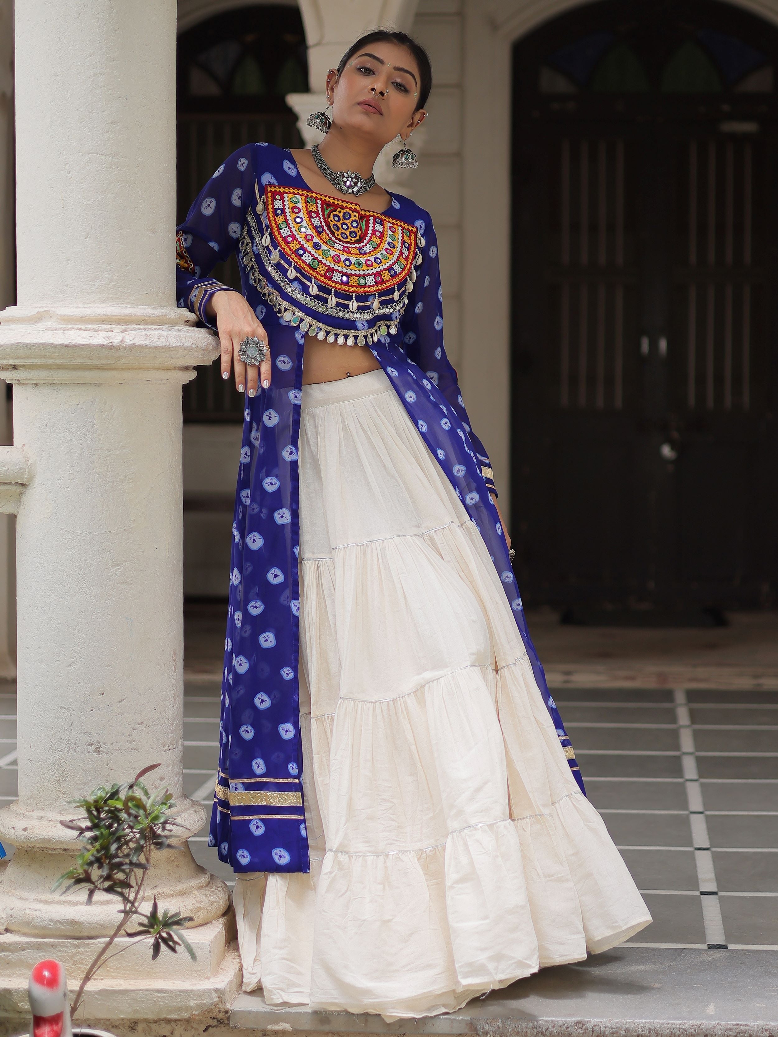 Blue Bandhani Print Kurti with Kutchi Patchwork Kora Cotton Lehenga