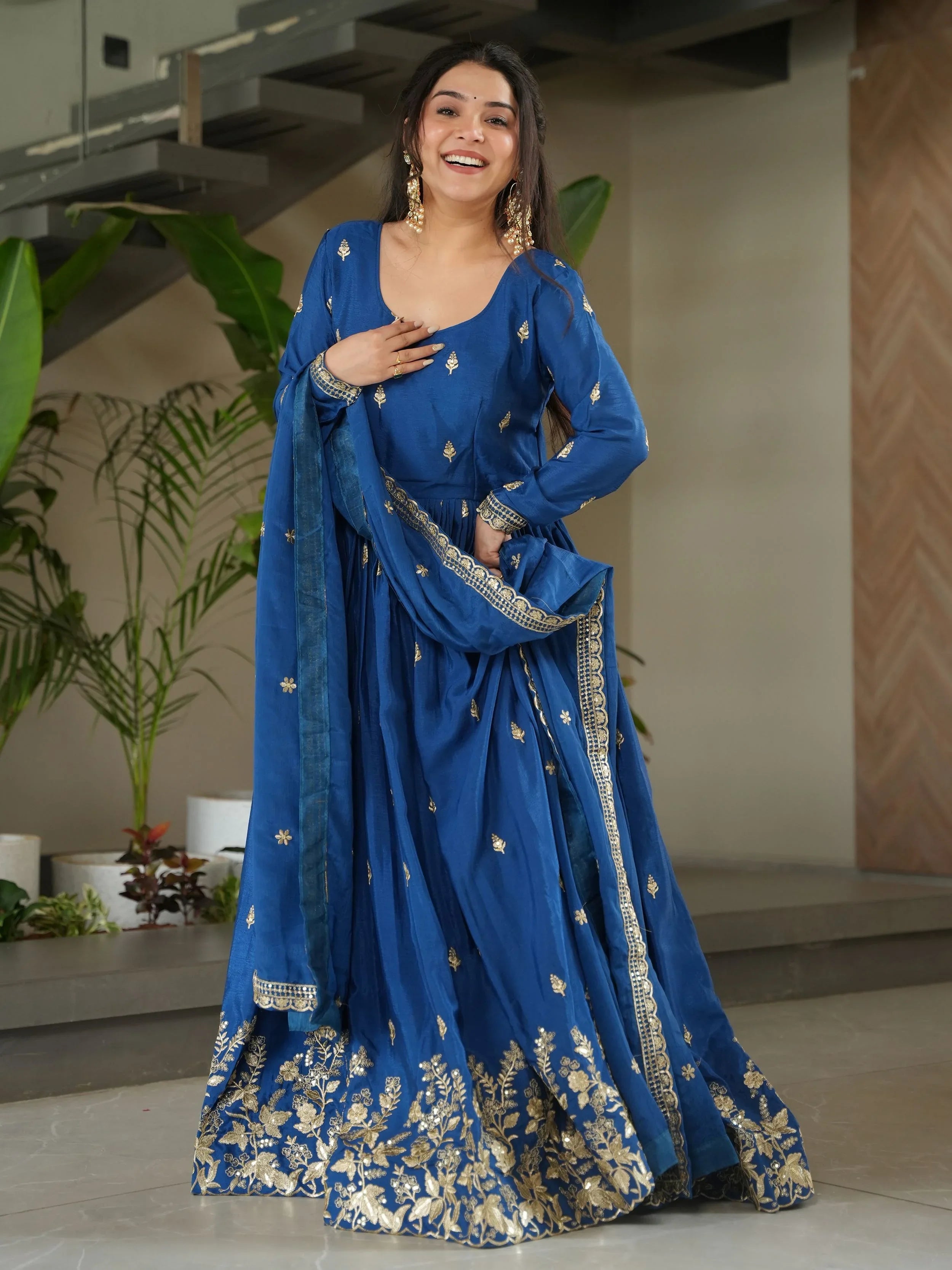 Blue Chinon Zari Sequins Embroidered Gown with Dupatta