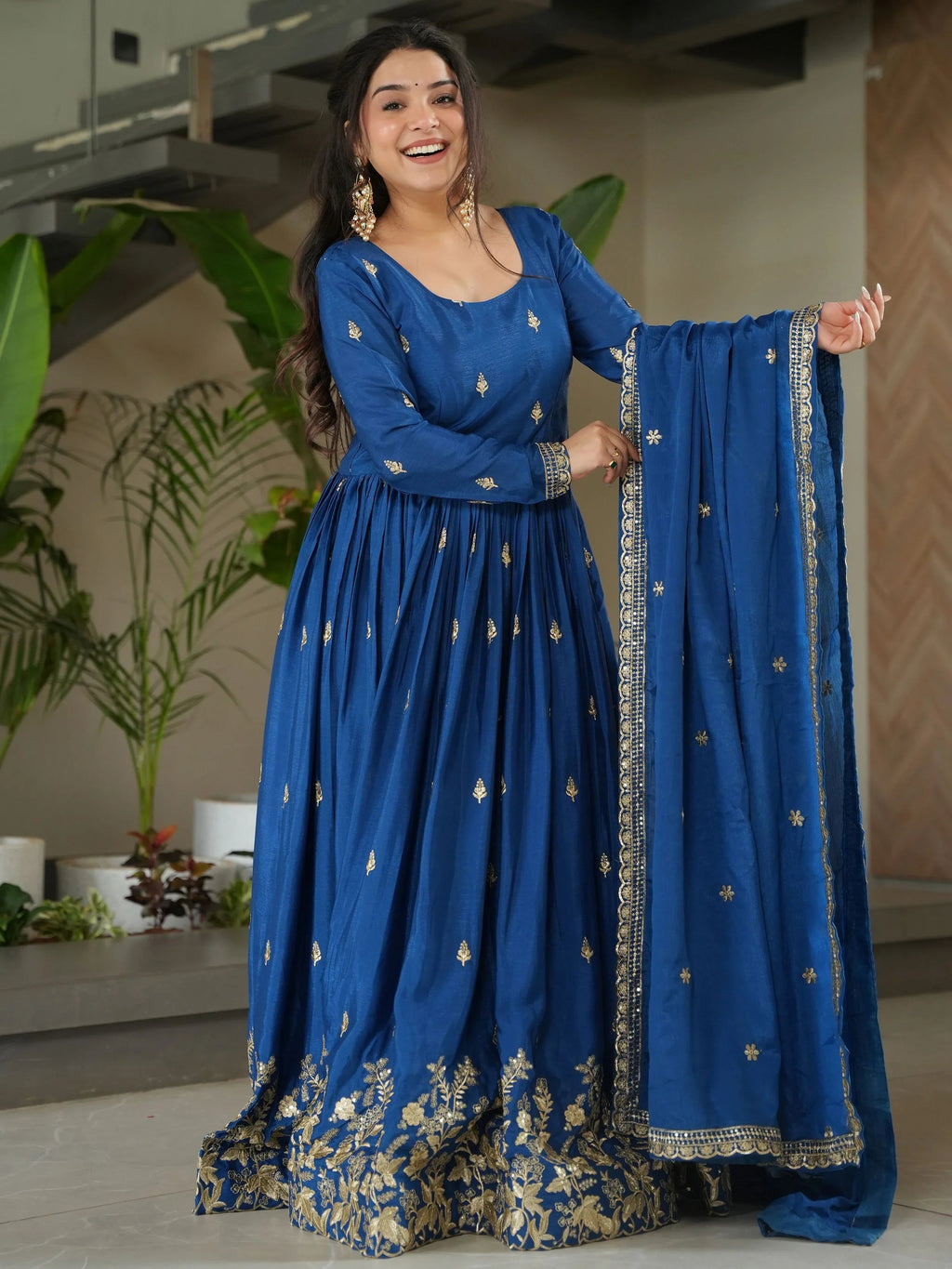 Blue Chinon Zari Sequins Embroidered Gown with Dupatta