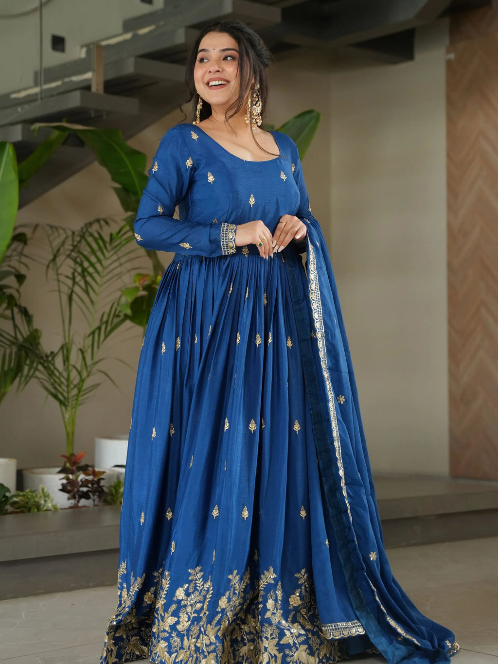 Blue Chinon Zari Sequins Embroidered Gown with Dupatta