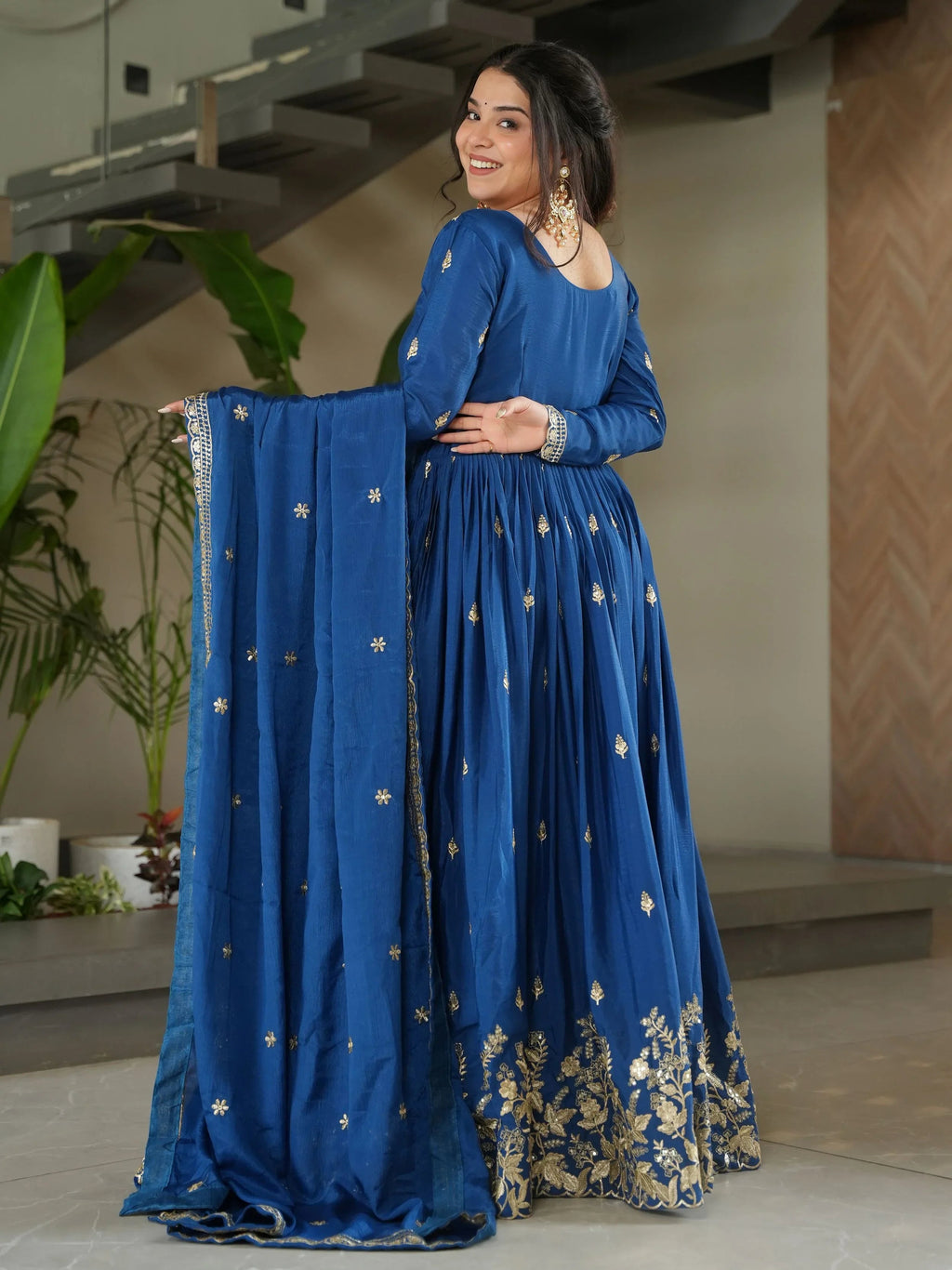 Blue Chinon Zari Sequins Embroidered Gown with Dupatta