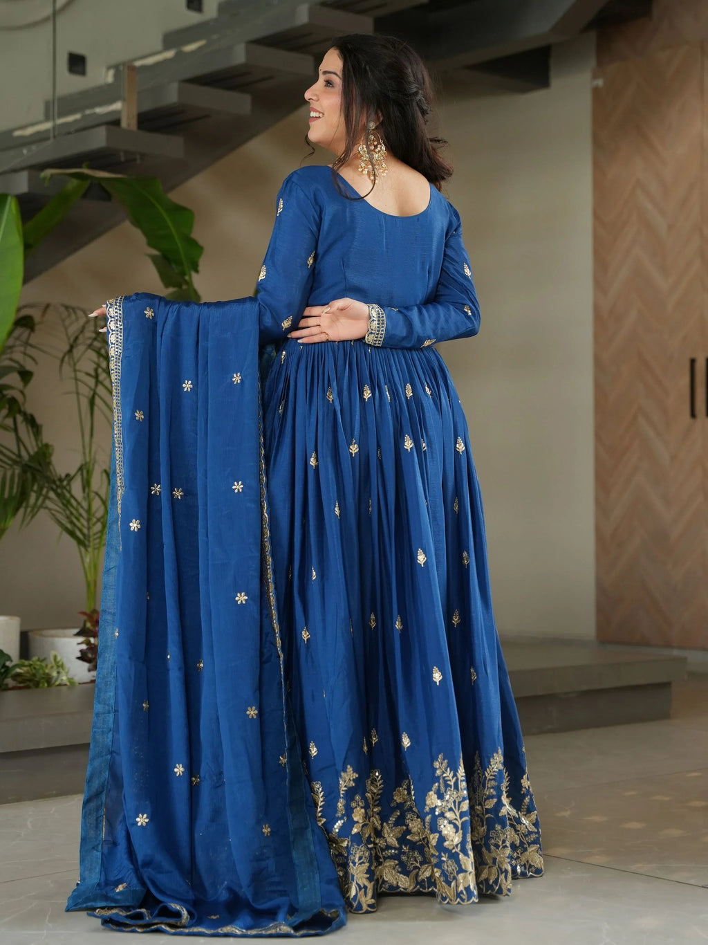 Blue Chinon Zari Sequins Embroidered Gown with Dupatta