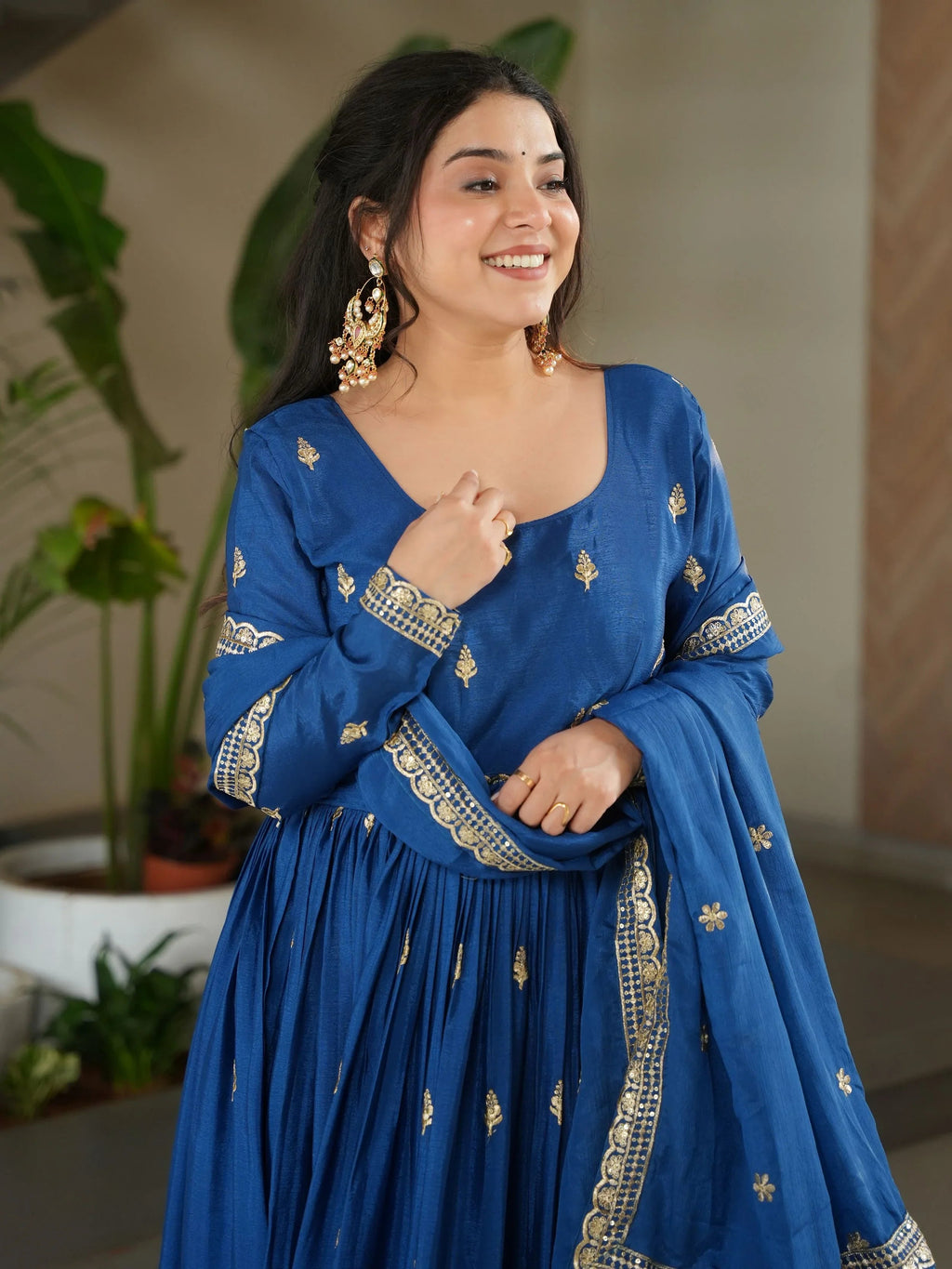 Blue Chinon Zari Sequins Embroidered Gown with Dupatta