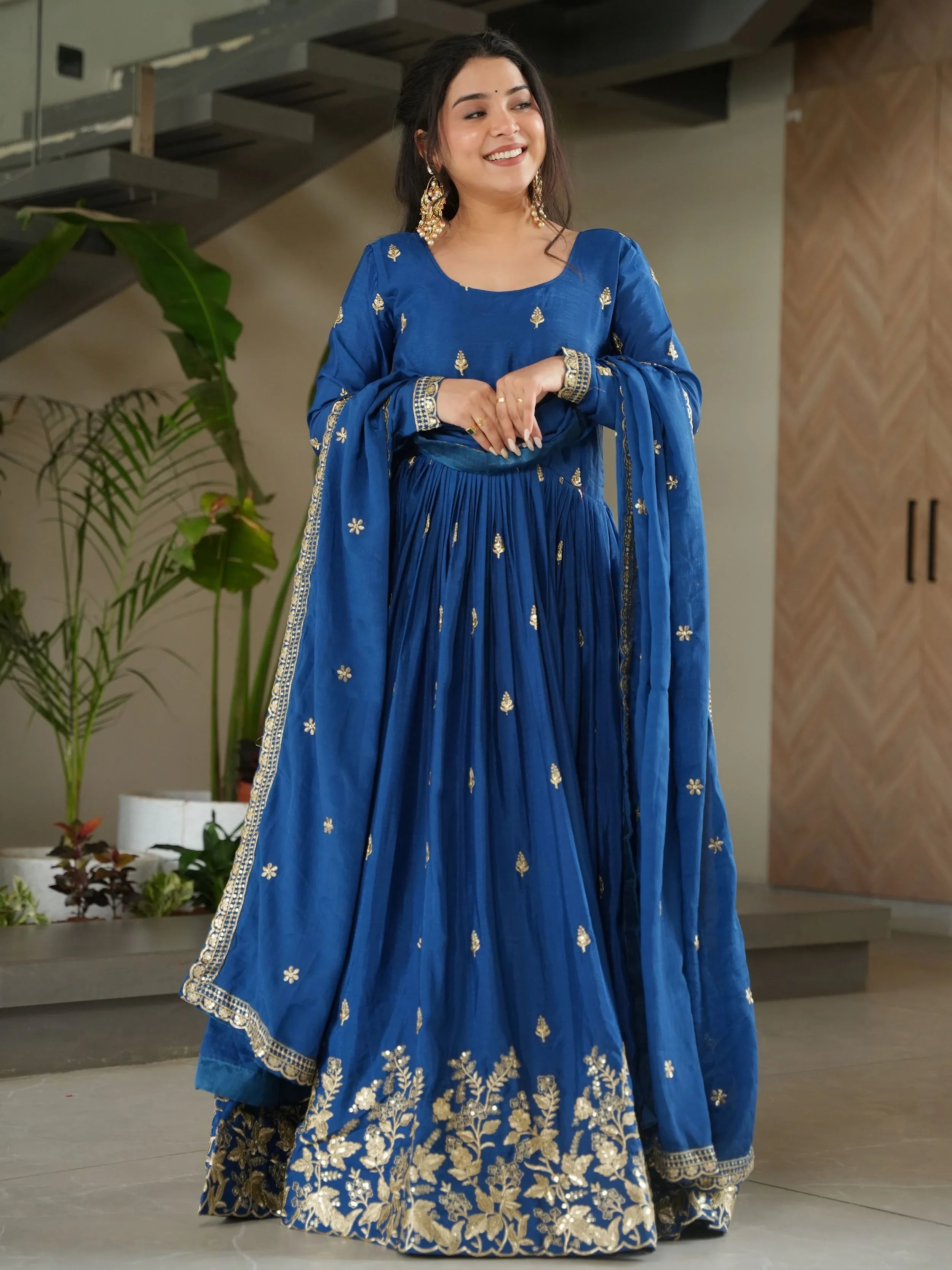 Blue Chinon Zari Sequins Embroidered Gown with Dupatta