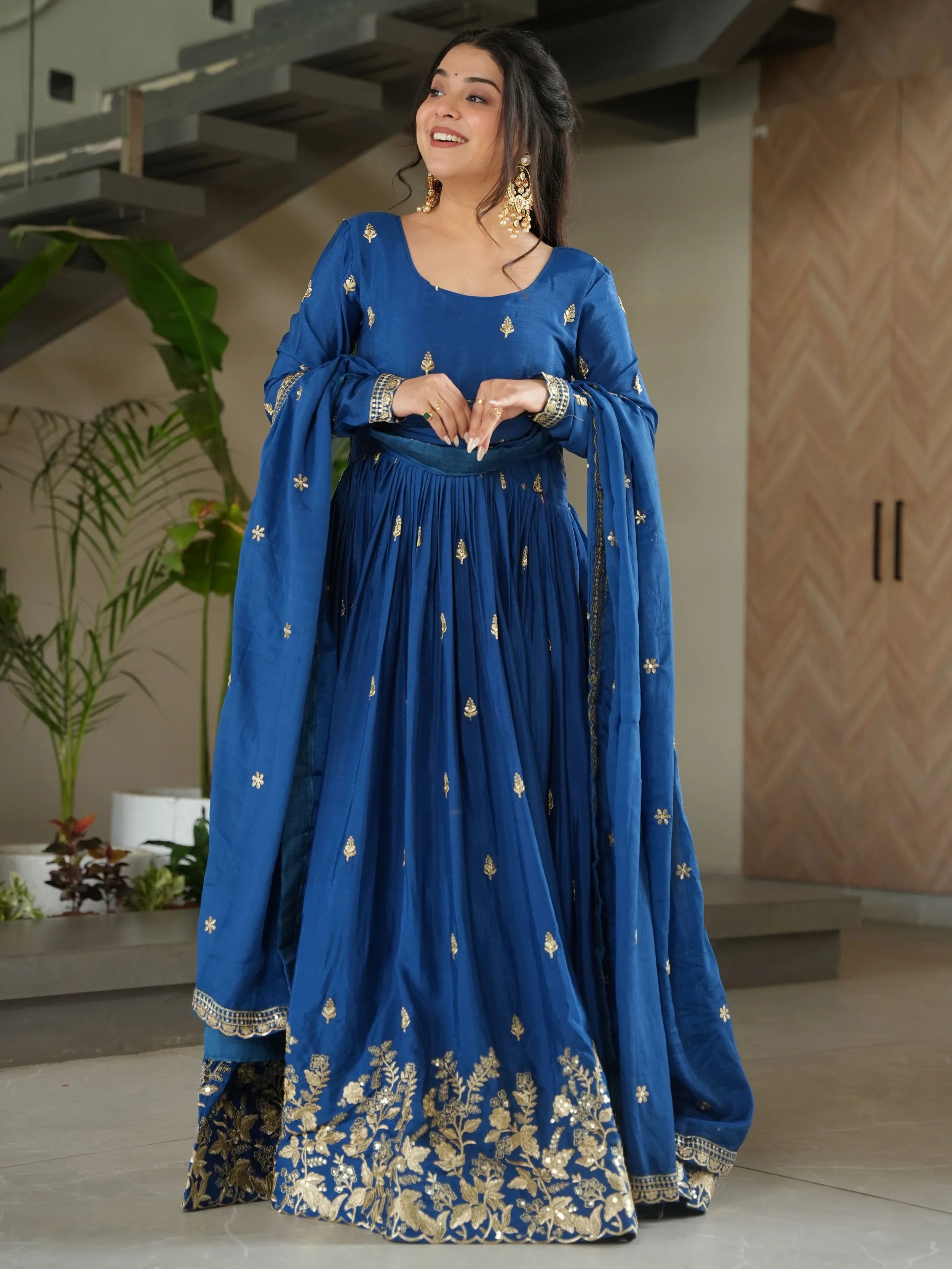 Blue Chinon Zari Sequins Embroidered Gown with Dupatta