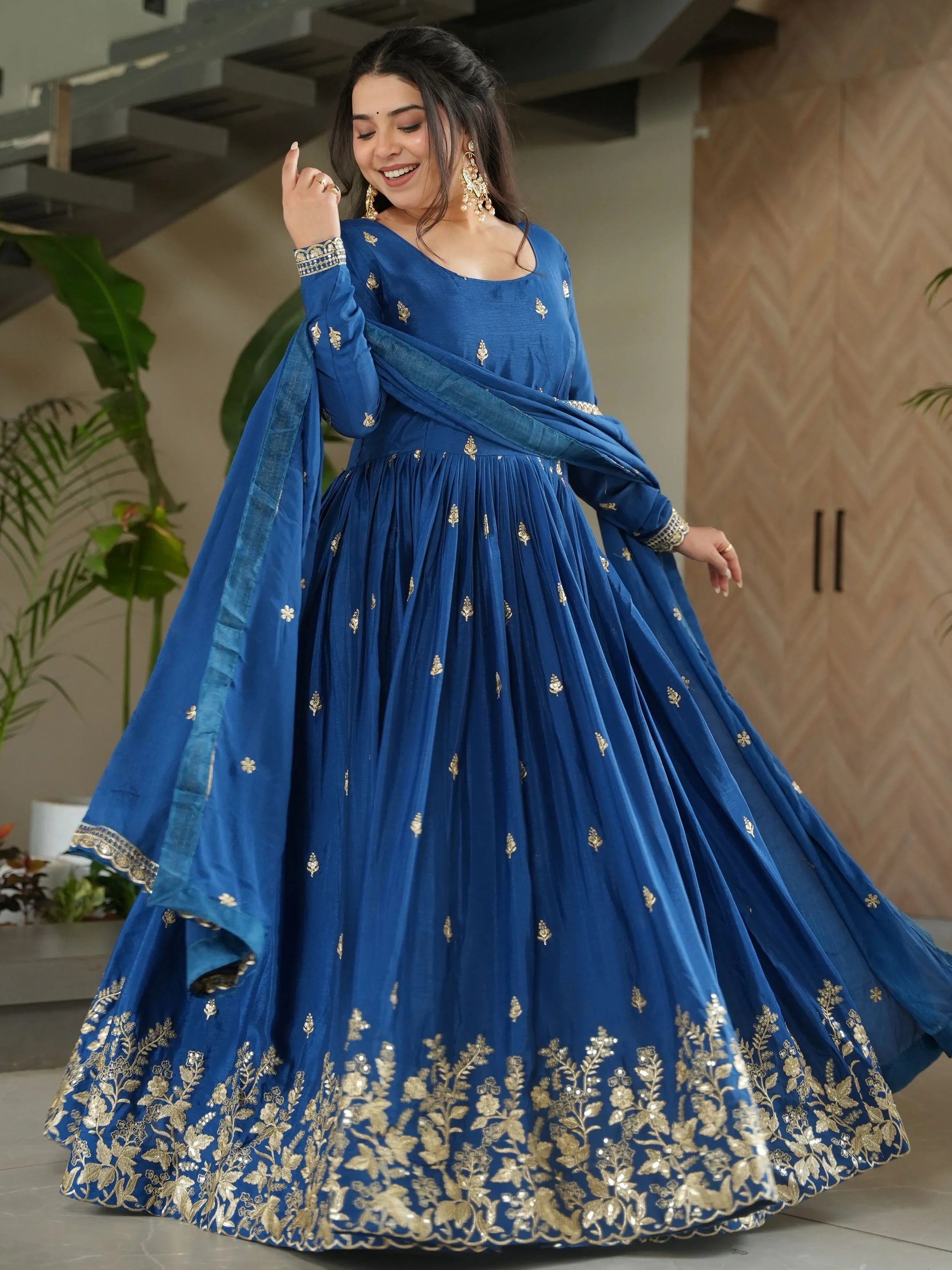 Blue Chinon Zari Sequins Embroidered Gown with Dupatta