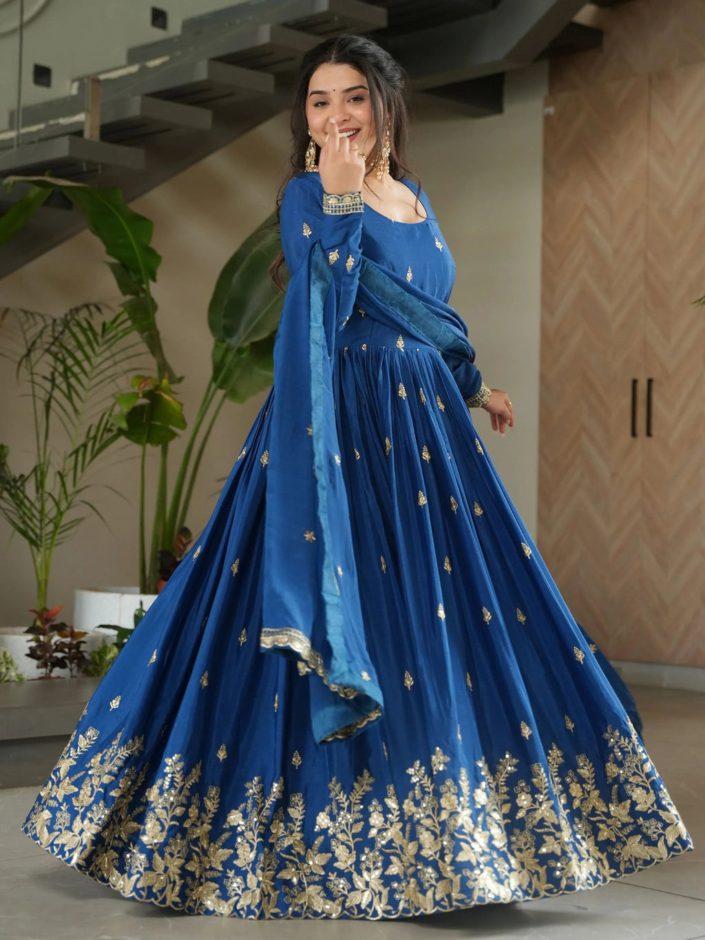 Blue Chinon Zari Sequins Embroidered Gown with Dupatta