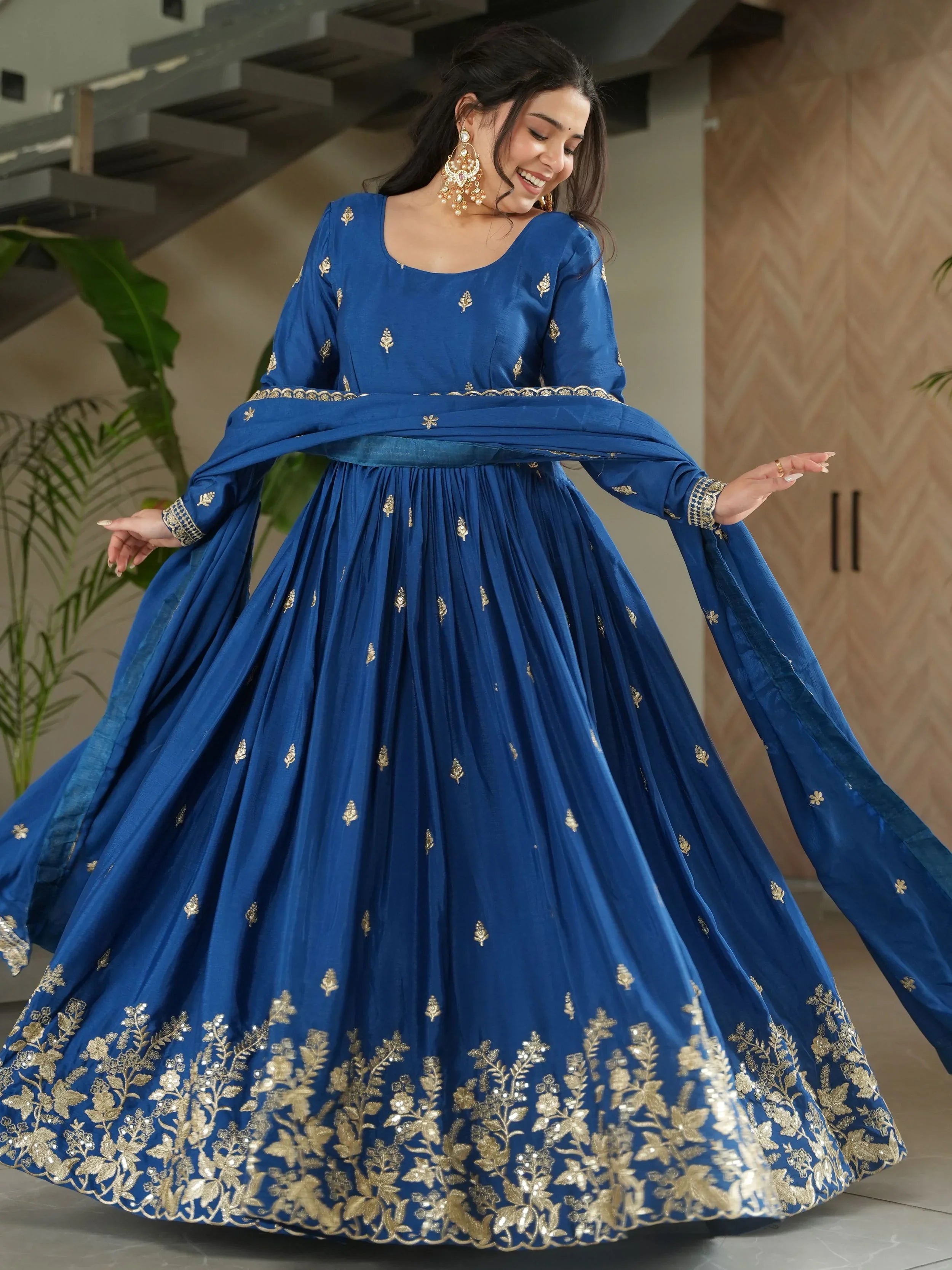 Blue Chinon Zari Sequins Embroidered Gown with Dupatta