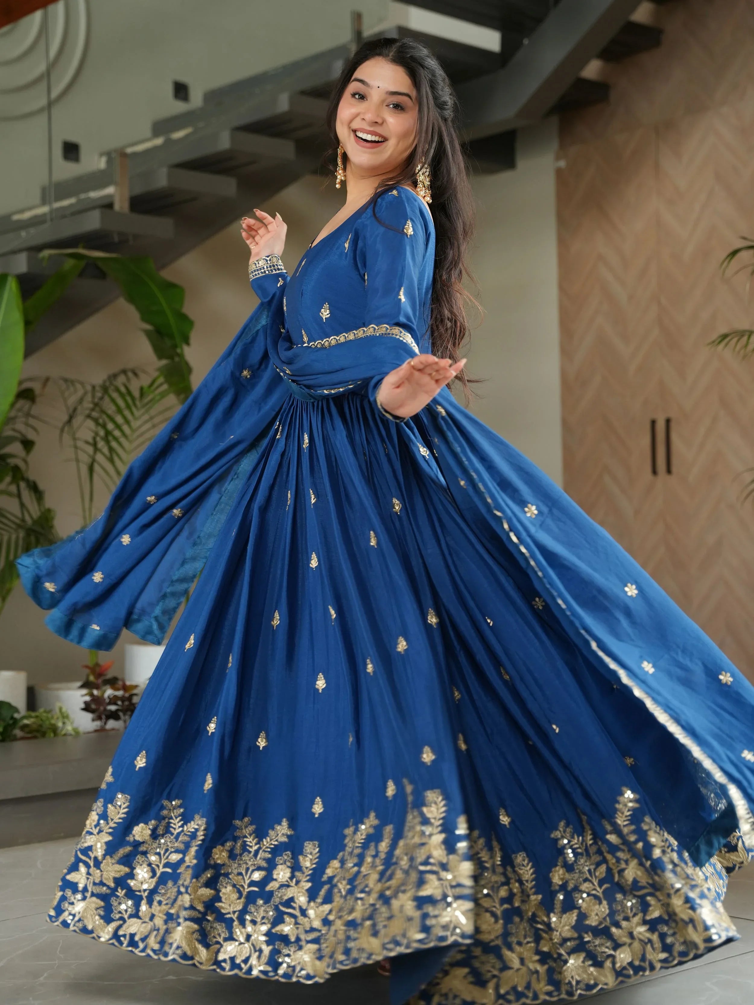 Blue Chinon Zari Sequins Embroidered Gown with Dupatta