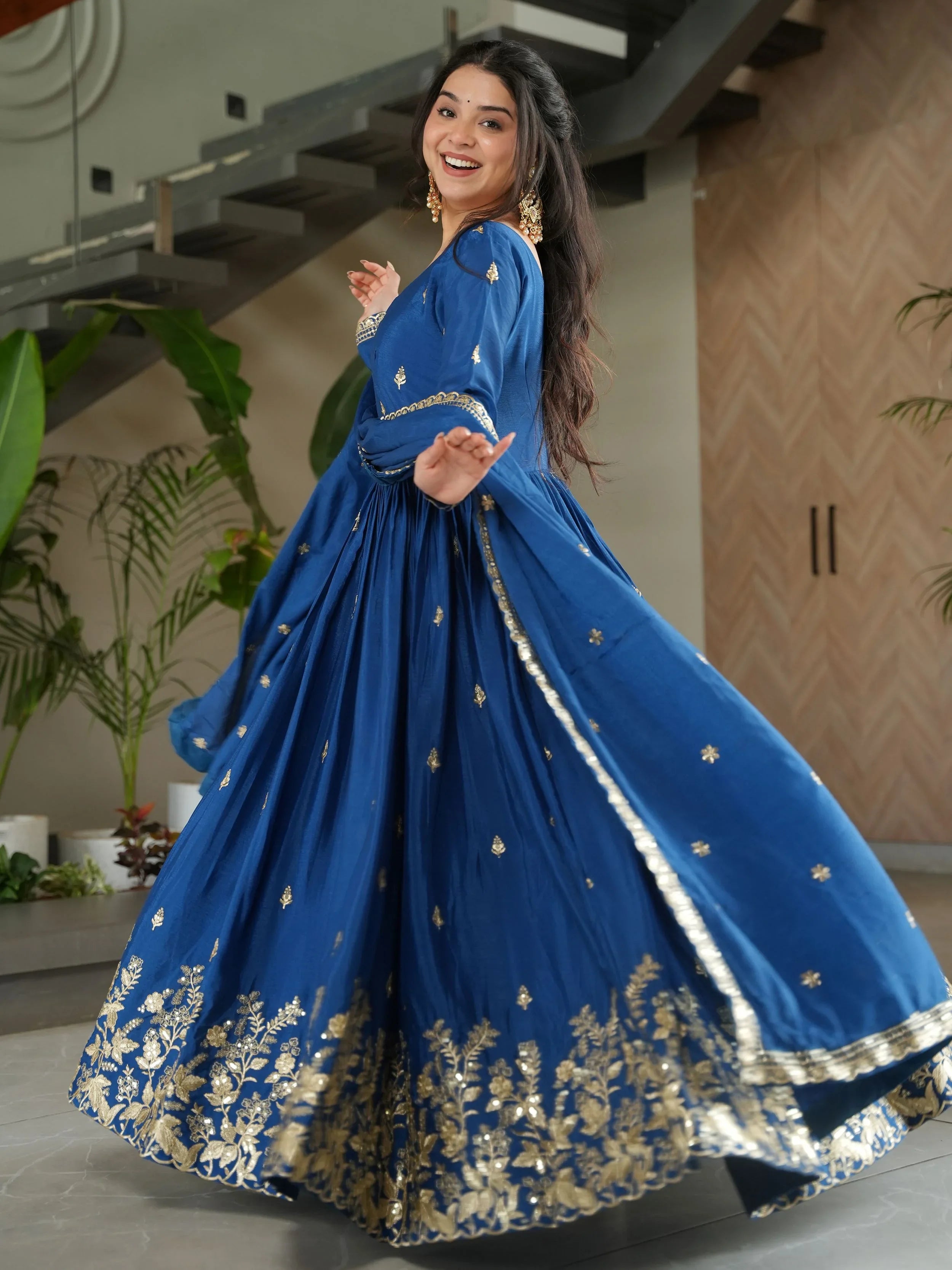 Blue Chinon Zari Sequins Embroidered Gown with Dupatta