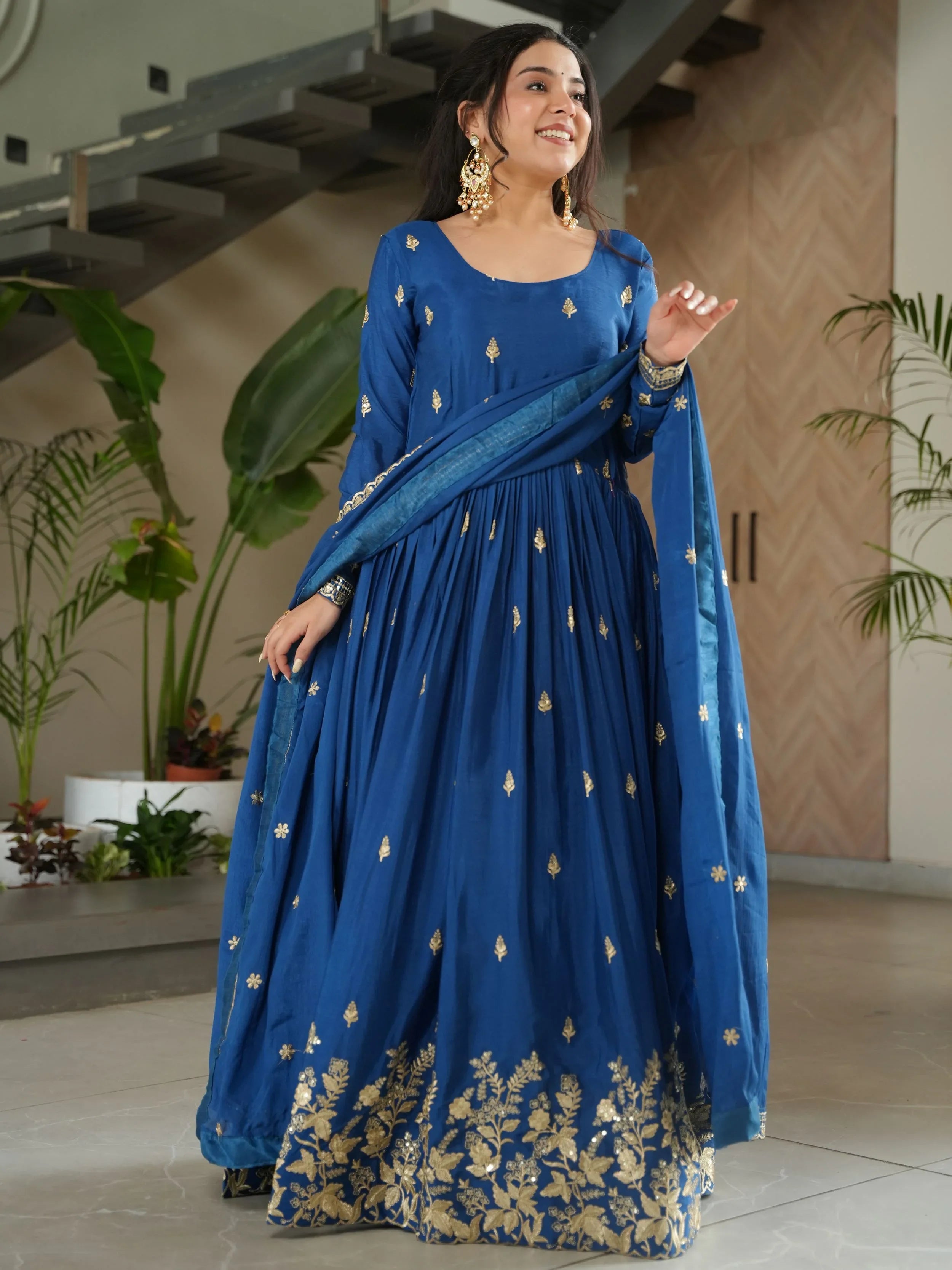 Blue Chinon Zari Sequins Embroidered Gown with Dupatta