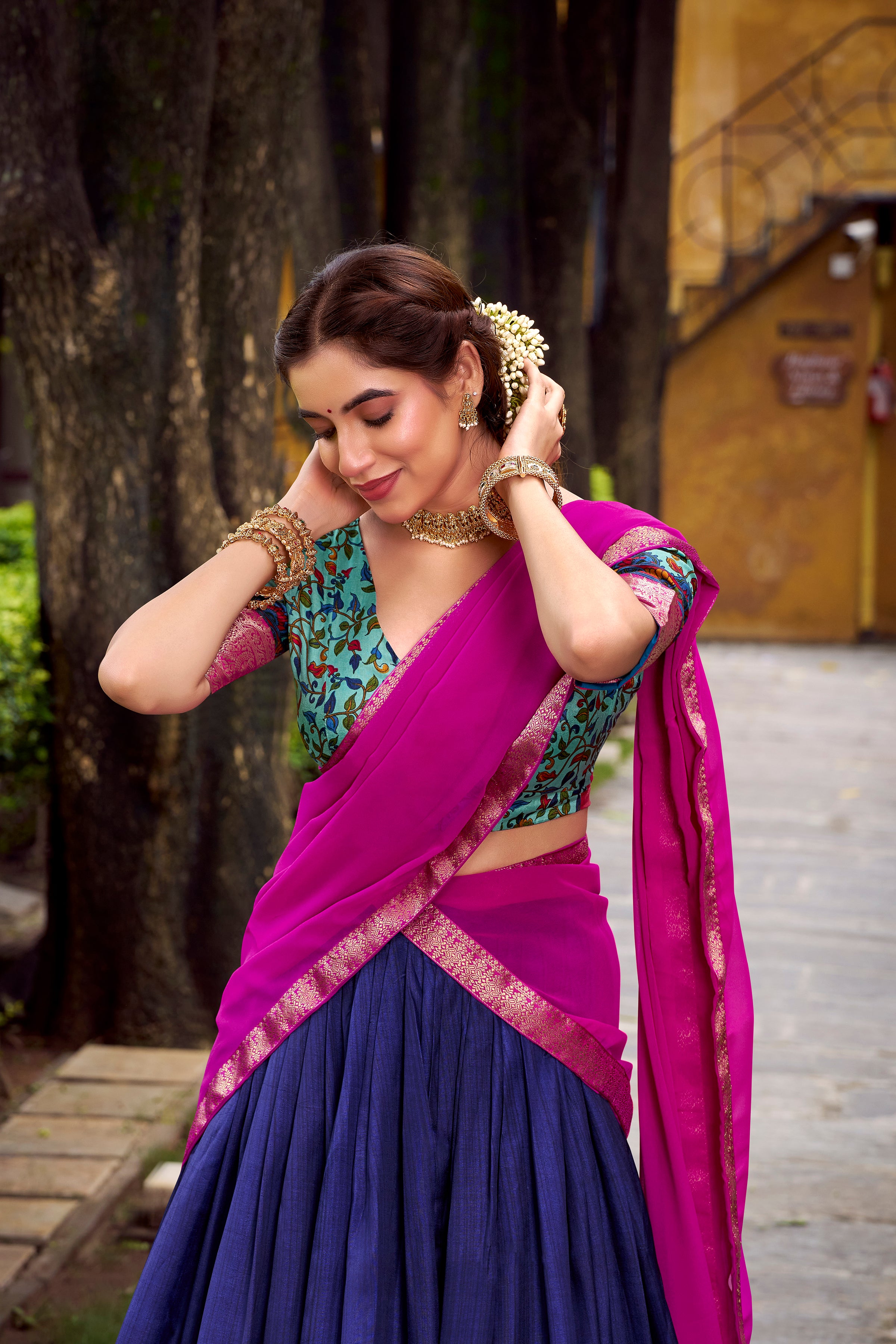 Avni Blue Color Aastha Silk Printed Zari Weaving Half Saree Lehenga