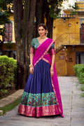 Avni Blue Color Aastha Silk Printed Zari Weaving Half Saree Lehenga