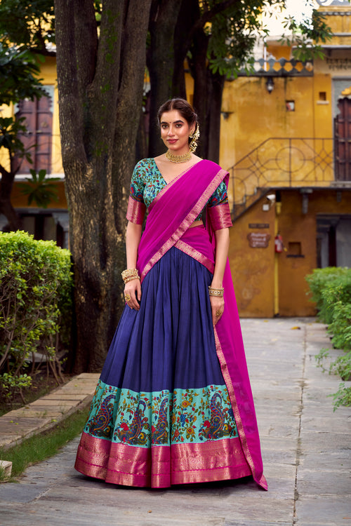 Avni blue Aastha silk printed zari weaving half saree lehenga