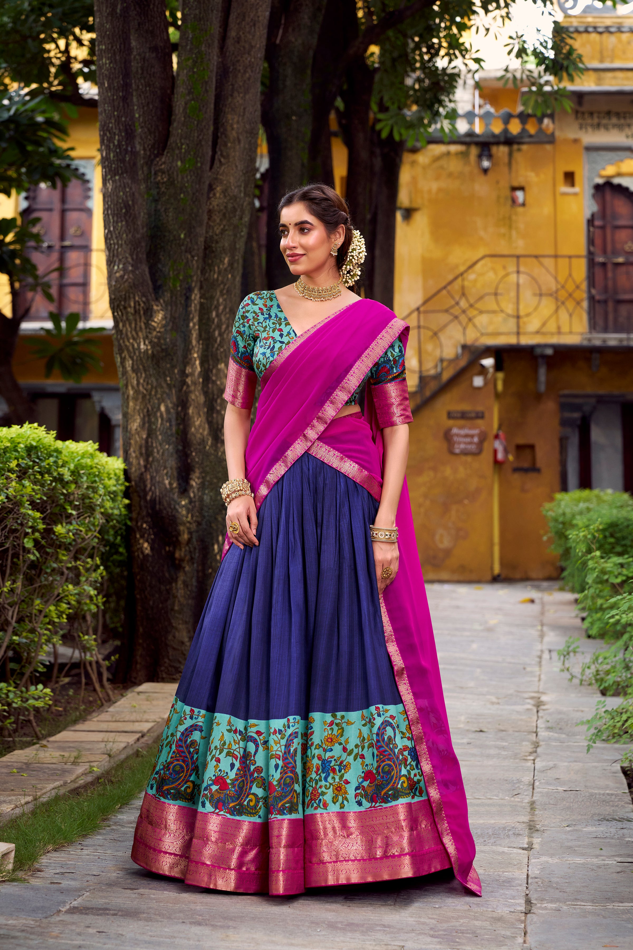 Avni Blue Color Aastha Silk Printed Zari Weaving Half Saree Lehenga