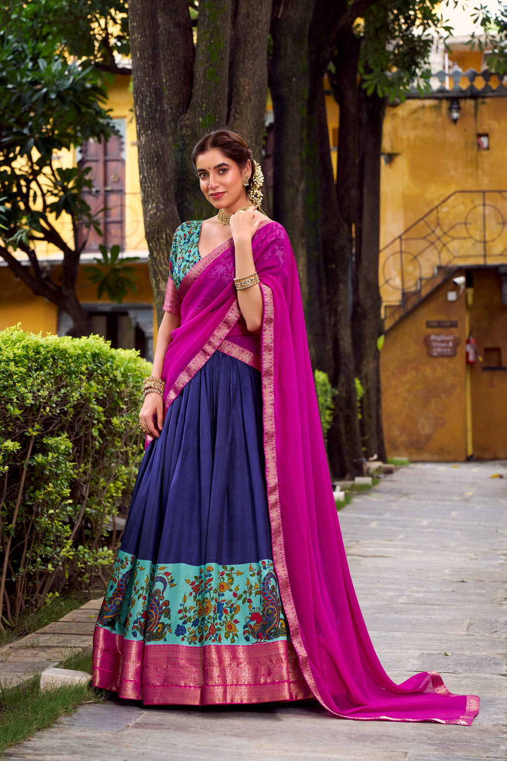 Avni Blue Color Aastha Silk Printed Zari Weaving Half Saree Lehenga