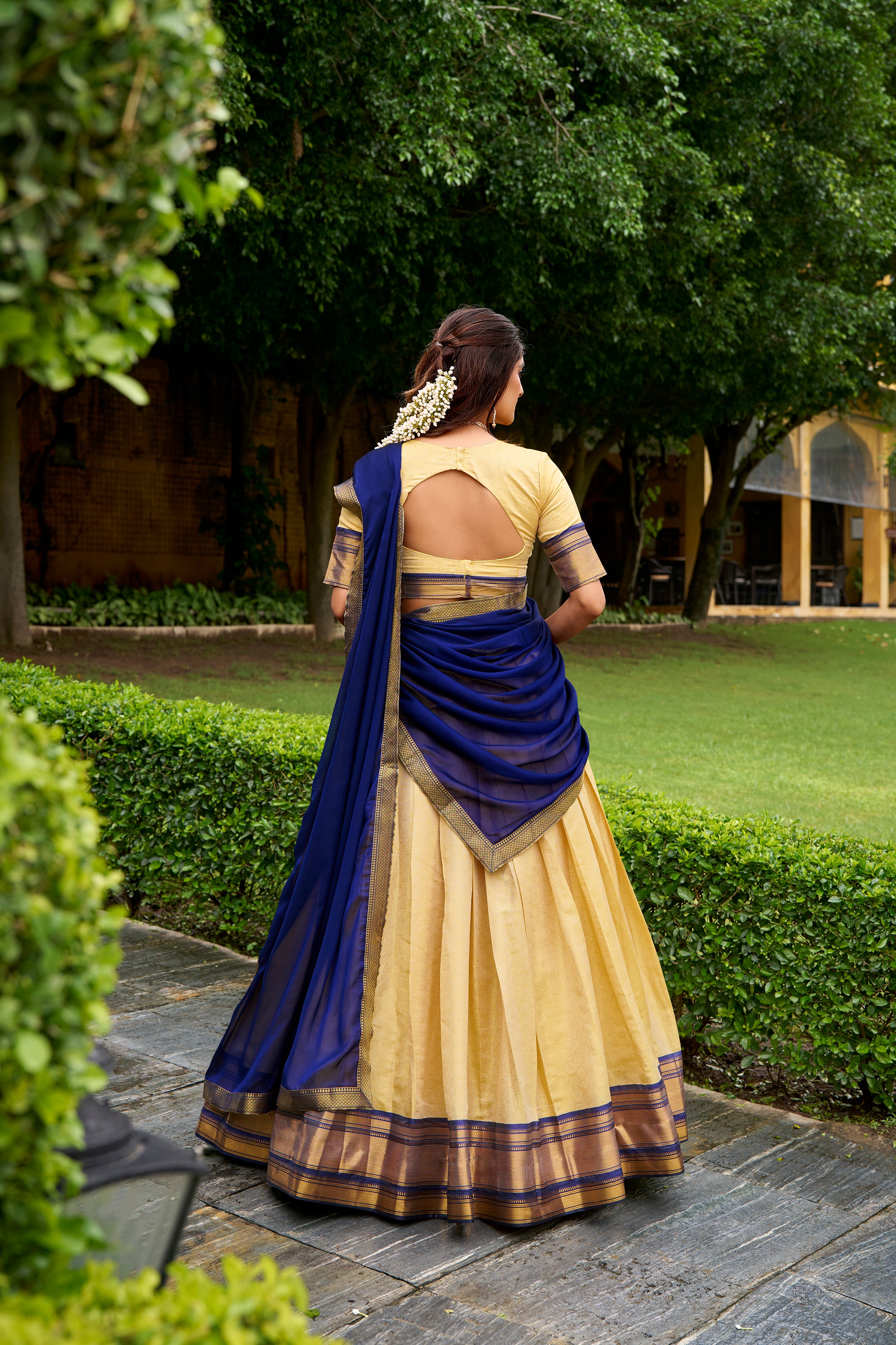 Blue Color Kanchipuram Silk Zari Weaving Half Saree Lehenga Choli