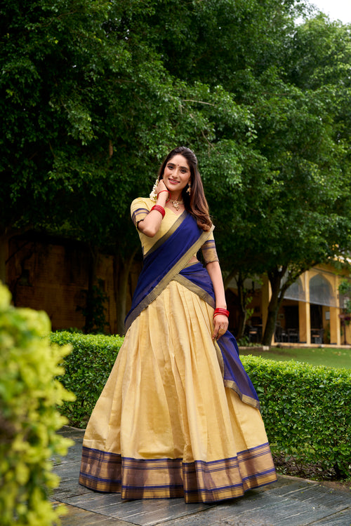Blue Kanchipuram silk zari weaving half saree lehenga choli