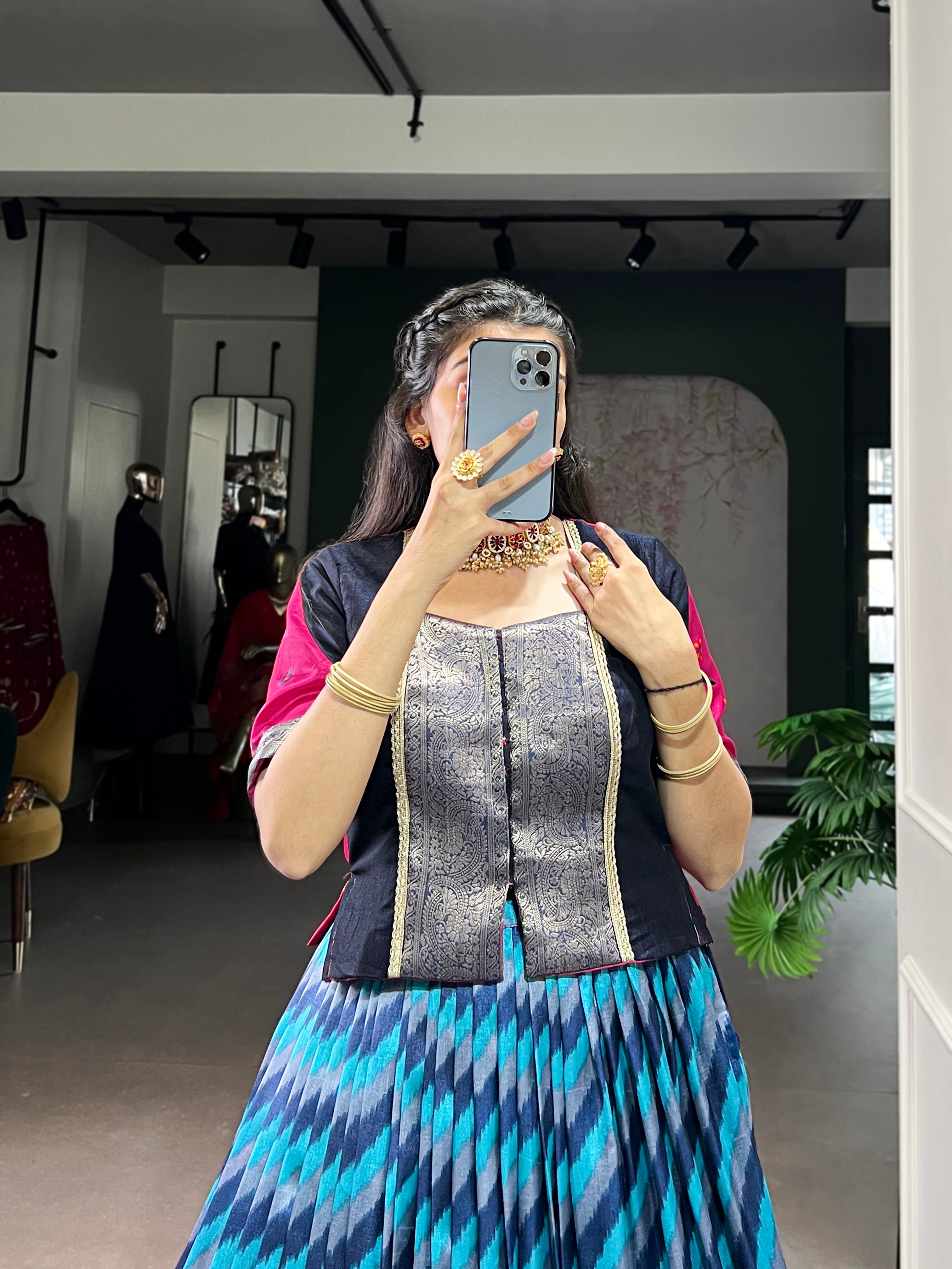 Blue Color Tasar Silk Leheriya Print Zari Weaving Lehenga with Blouse