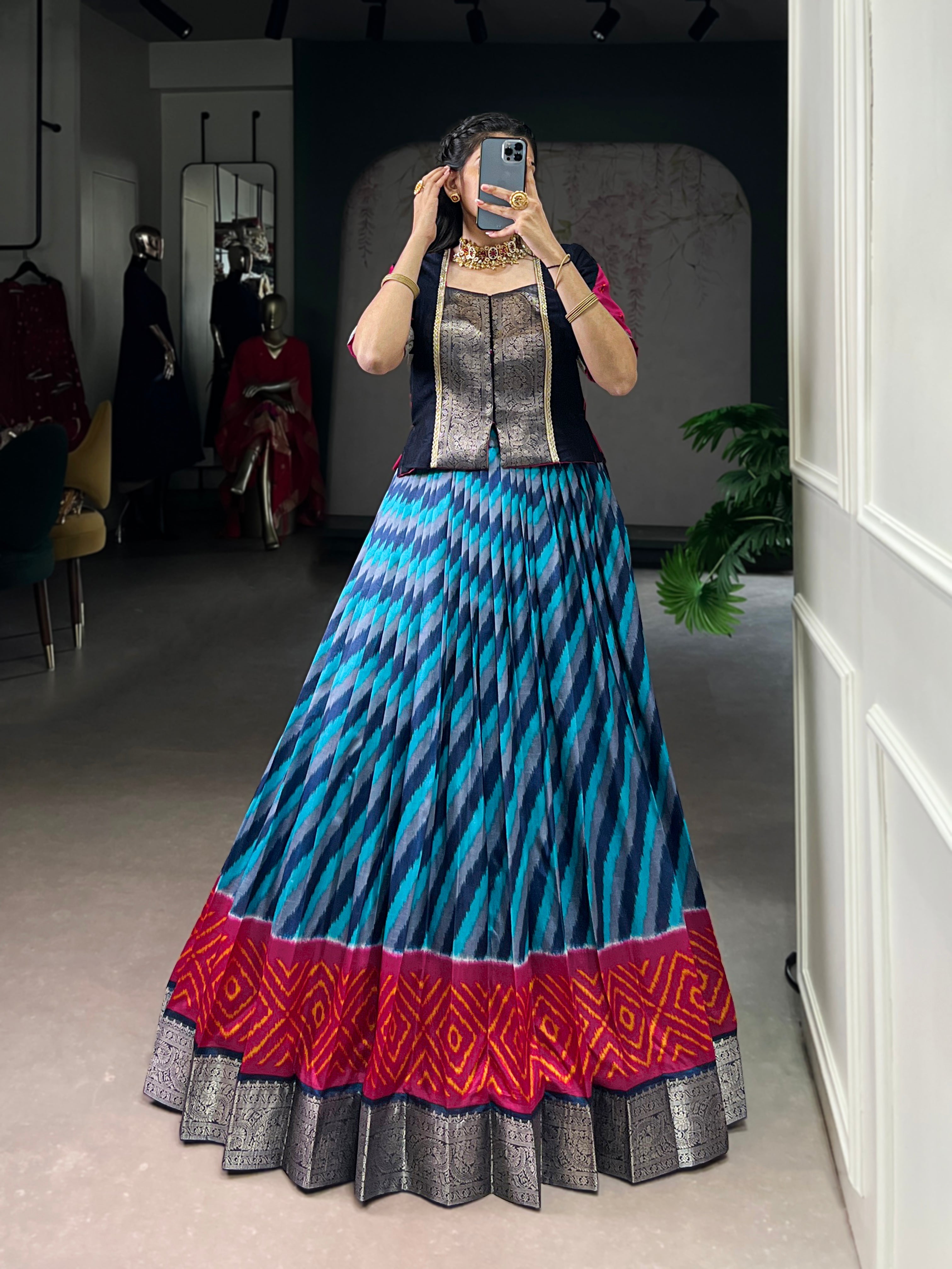 Blue Color Tasar Silk Leheriya Print Zari Weaving Lehenga with Blouse