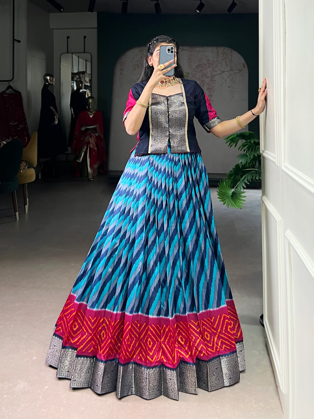 Blue Color Tasar Silk Leheriya Print Zari Weaving Lehenga with Blouse