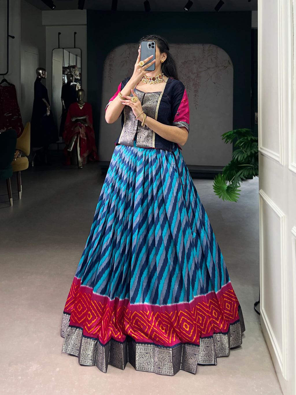 Blue Color Tasar Silk Leheriya Print Zari Weaving Lehenga with Blouse