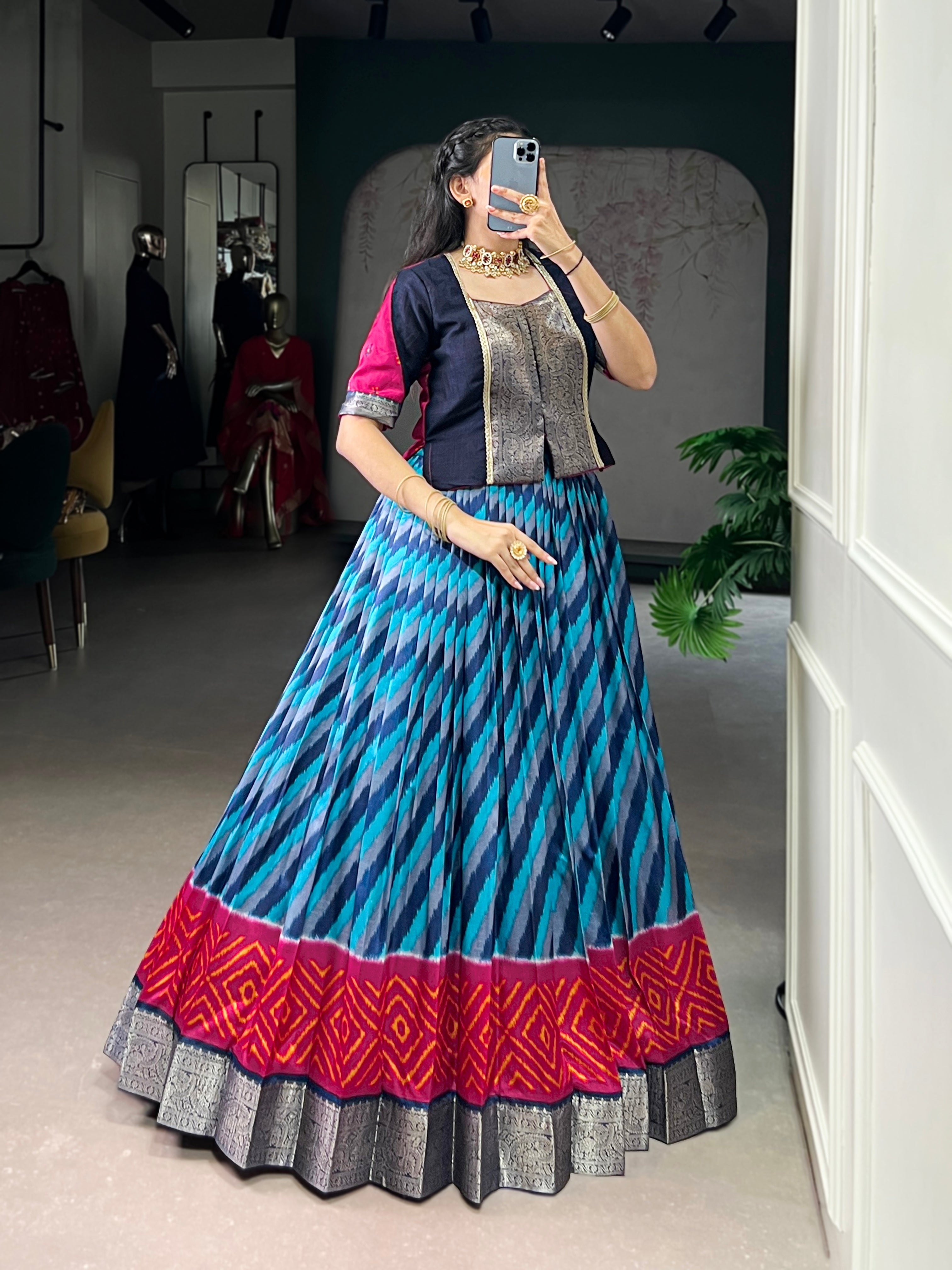 Blue Color Tasar Silk Leheriya Print Zari Weaving Lehenga with Blouse