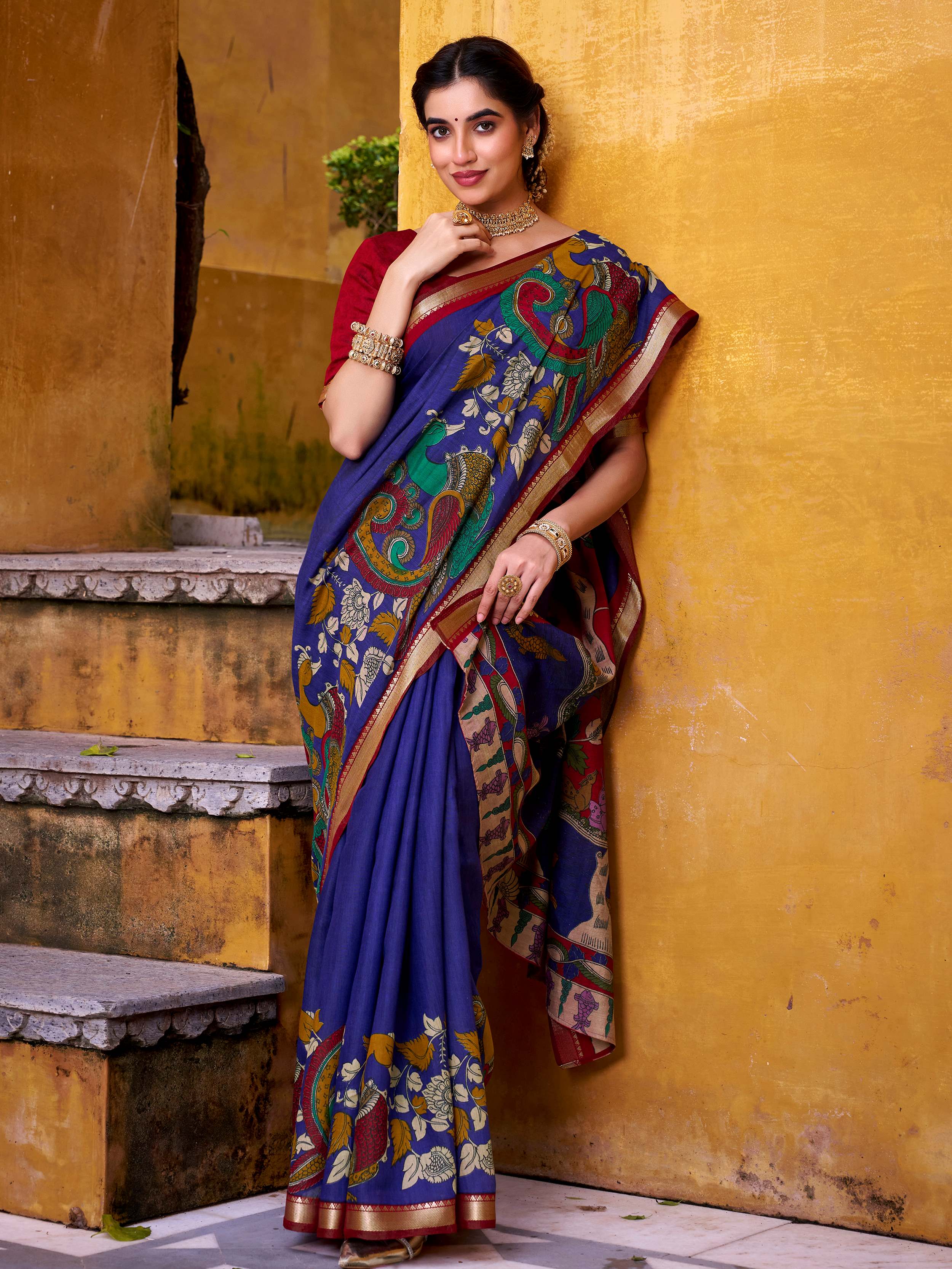Blue Color Viscose Chanderi Kalamkari Print and Zari Weaving  Saree