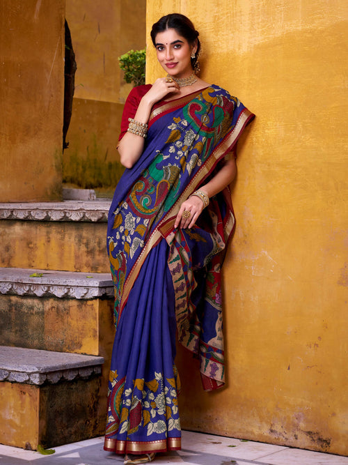 Blue viscose Chanderi Kalamkari print zari weaving saree