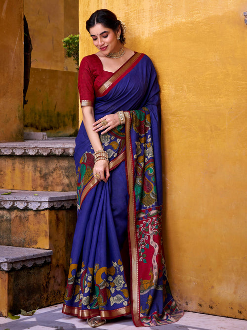 Blue viscose Chanderi Kalamkari print zari weaving saree