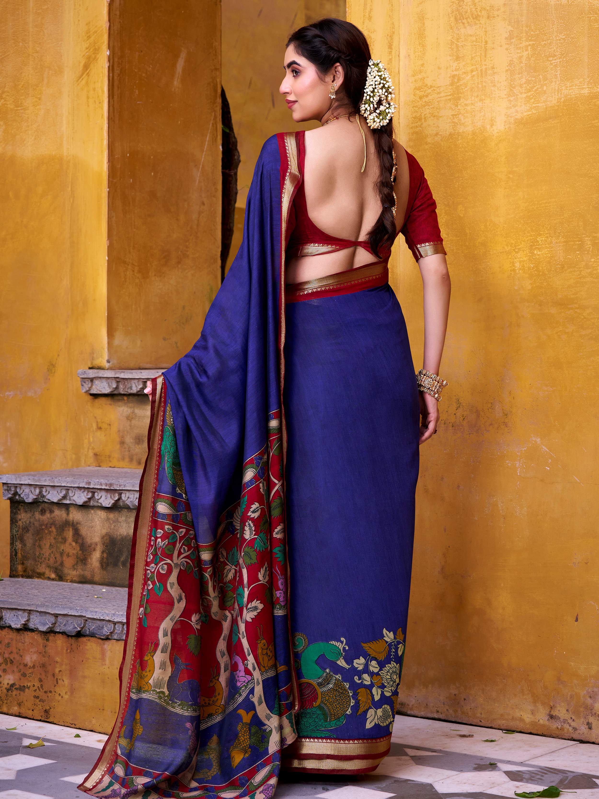 Blue Color Viscose Chanderi Kalamkari Print and Zari Weaving  Saree