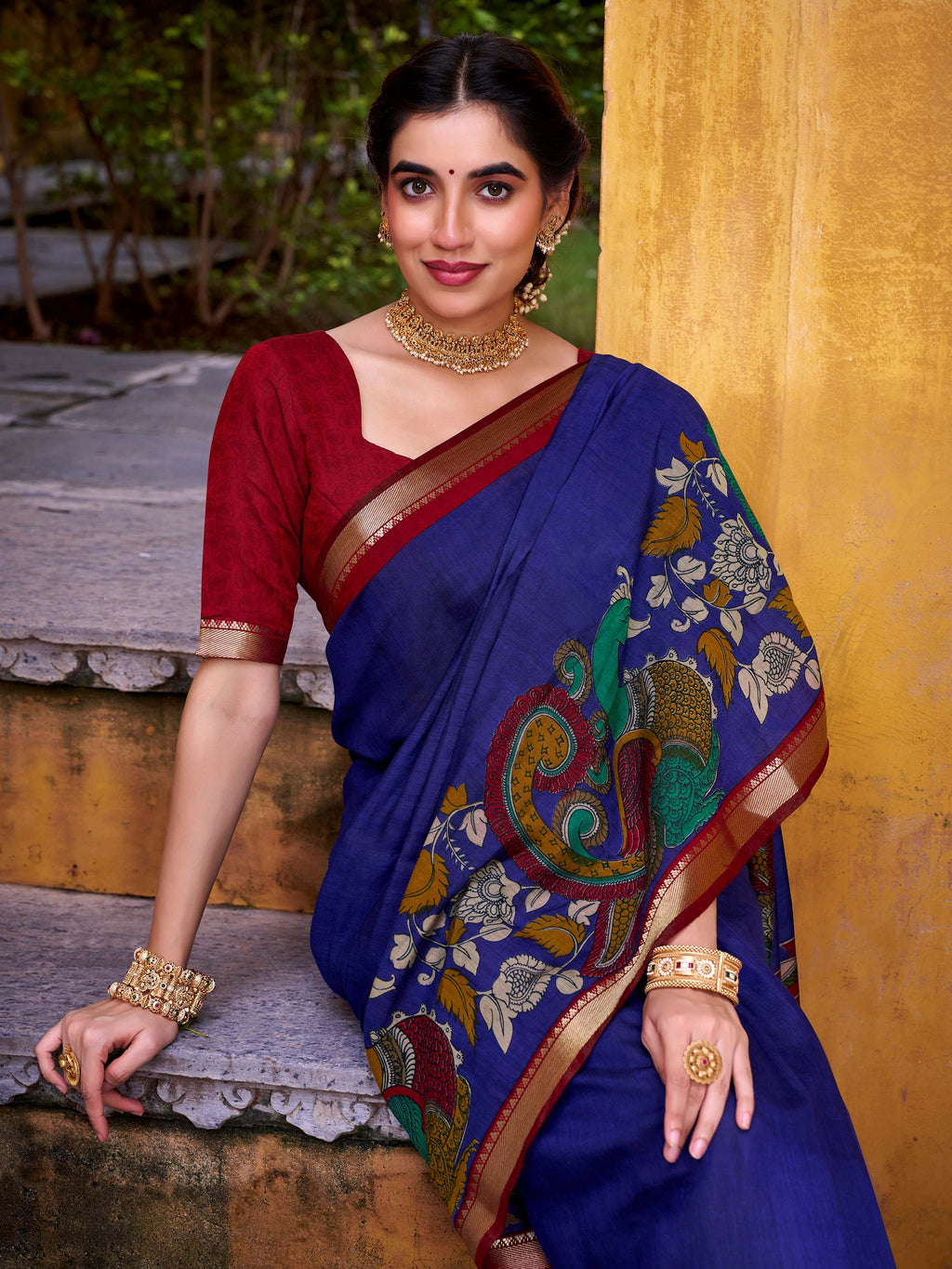 Blue Color Viscose Chanderi Kalamkari Print and Zari Weaving  Saree