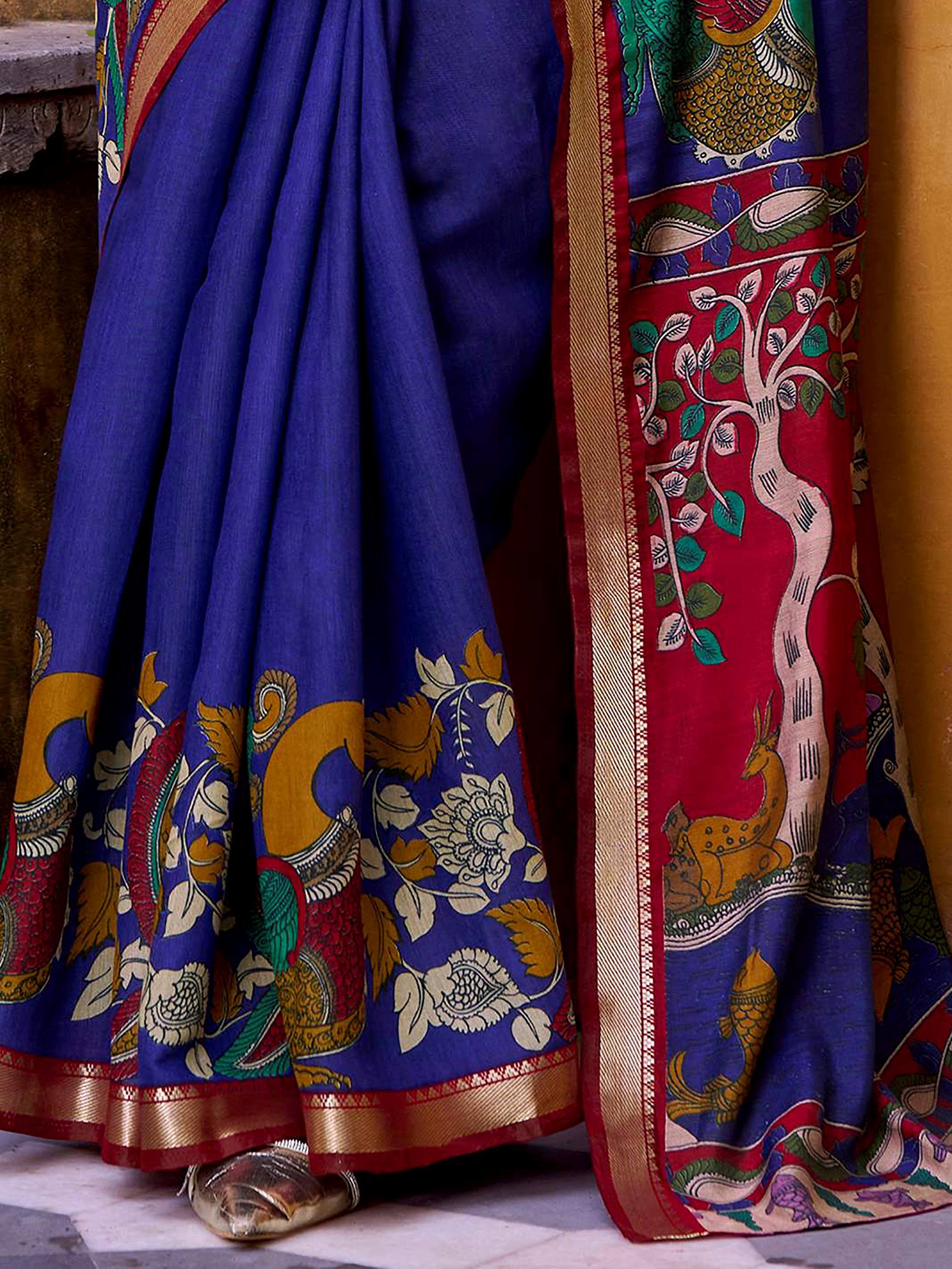 Blue Color Viscose Chanderi Kalamkari Print and Zari Weaving  Saree