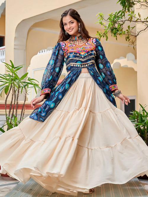 Blue cotton Gamthi mirror and ribbon lace work lehenga shrug set