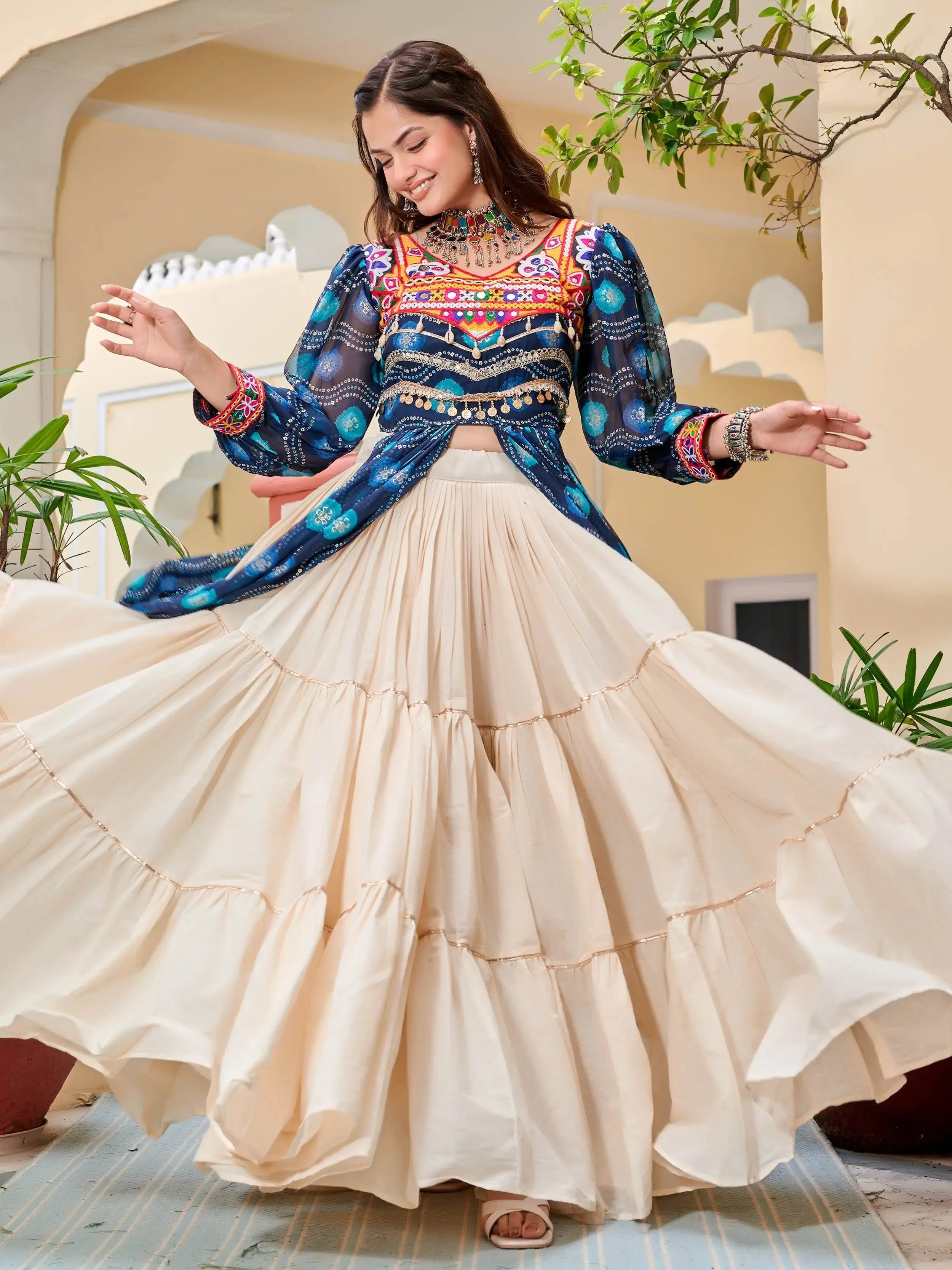 Blue Cotton Gamthi Mirror and Ribbon Lace Work Lehenga Shrug Set