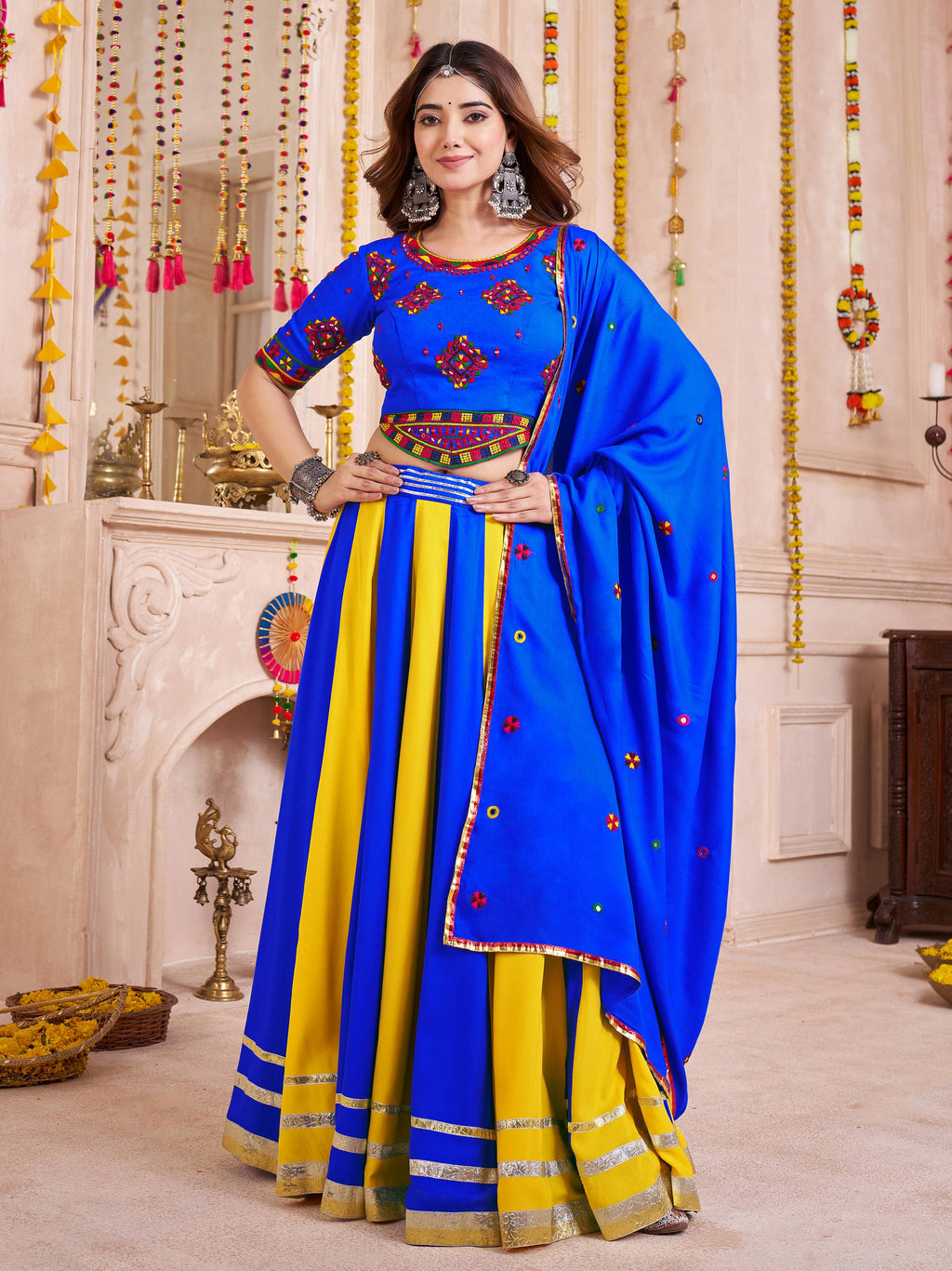 Blue Cotton Thread Embroidered Lehenga Choli with Dupatta
