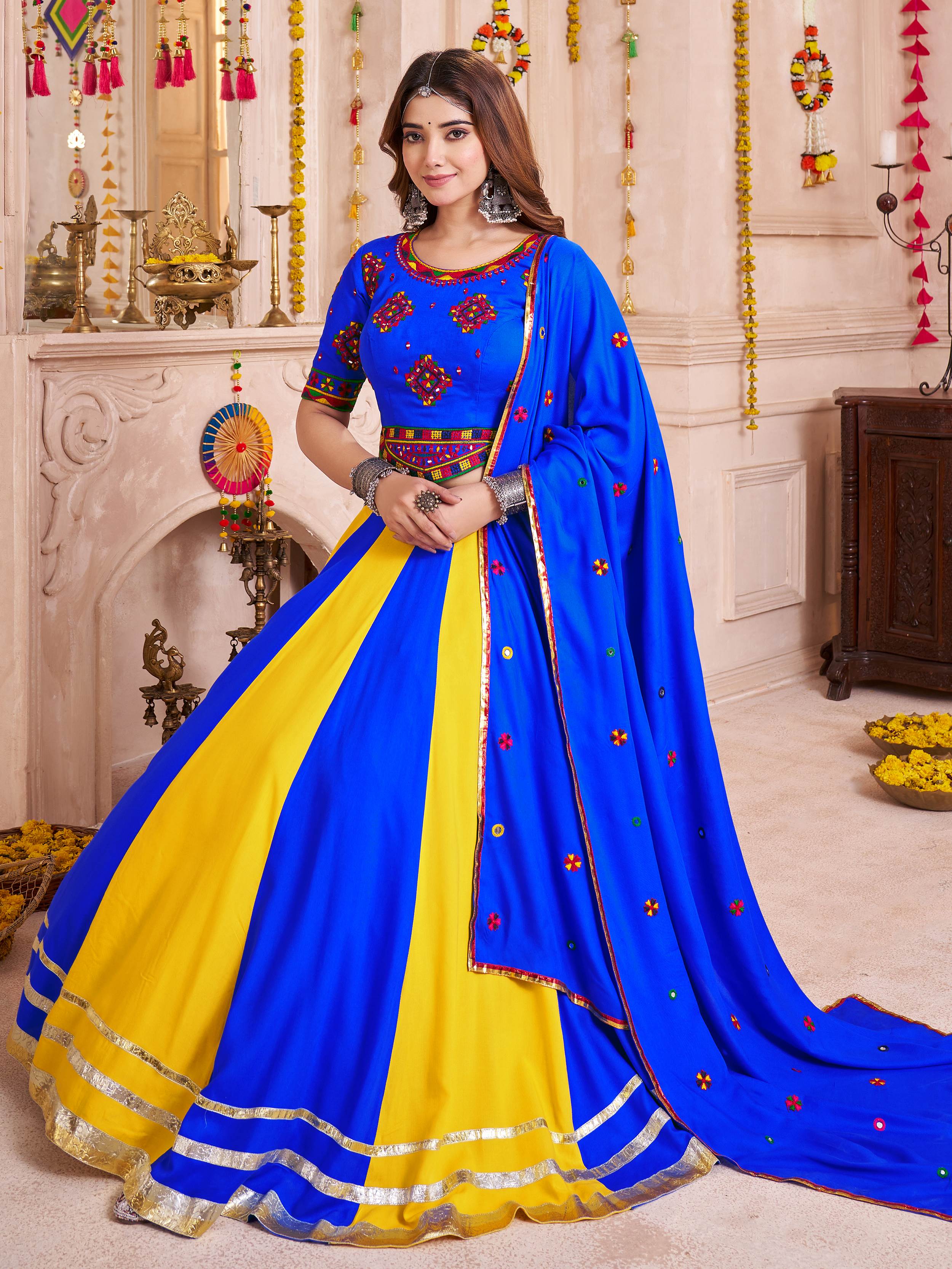 Blue Cotton Thread Embroidered Lehenga Choli with Dupatta