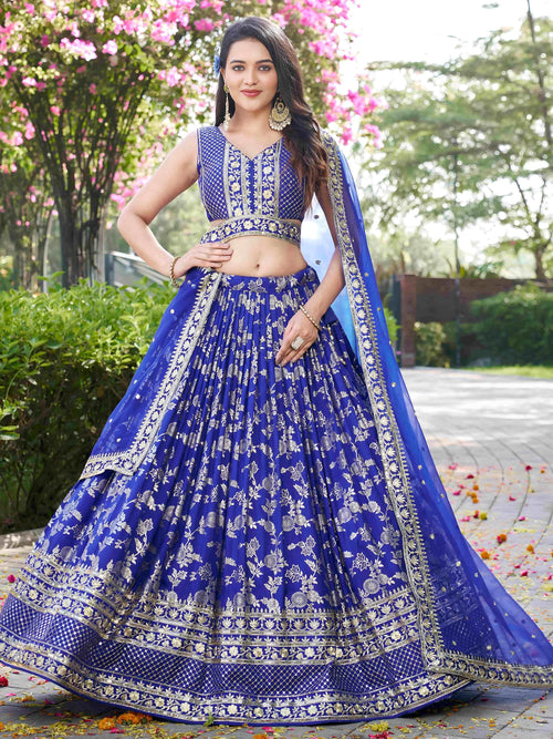 Blue Dola silk jacquard embroidered lehenga choli with dupatta