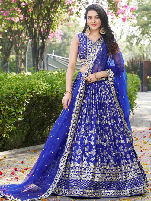 Blue Dola silk jacquard embroidered lehenga choli with dupatta