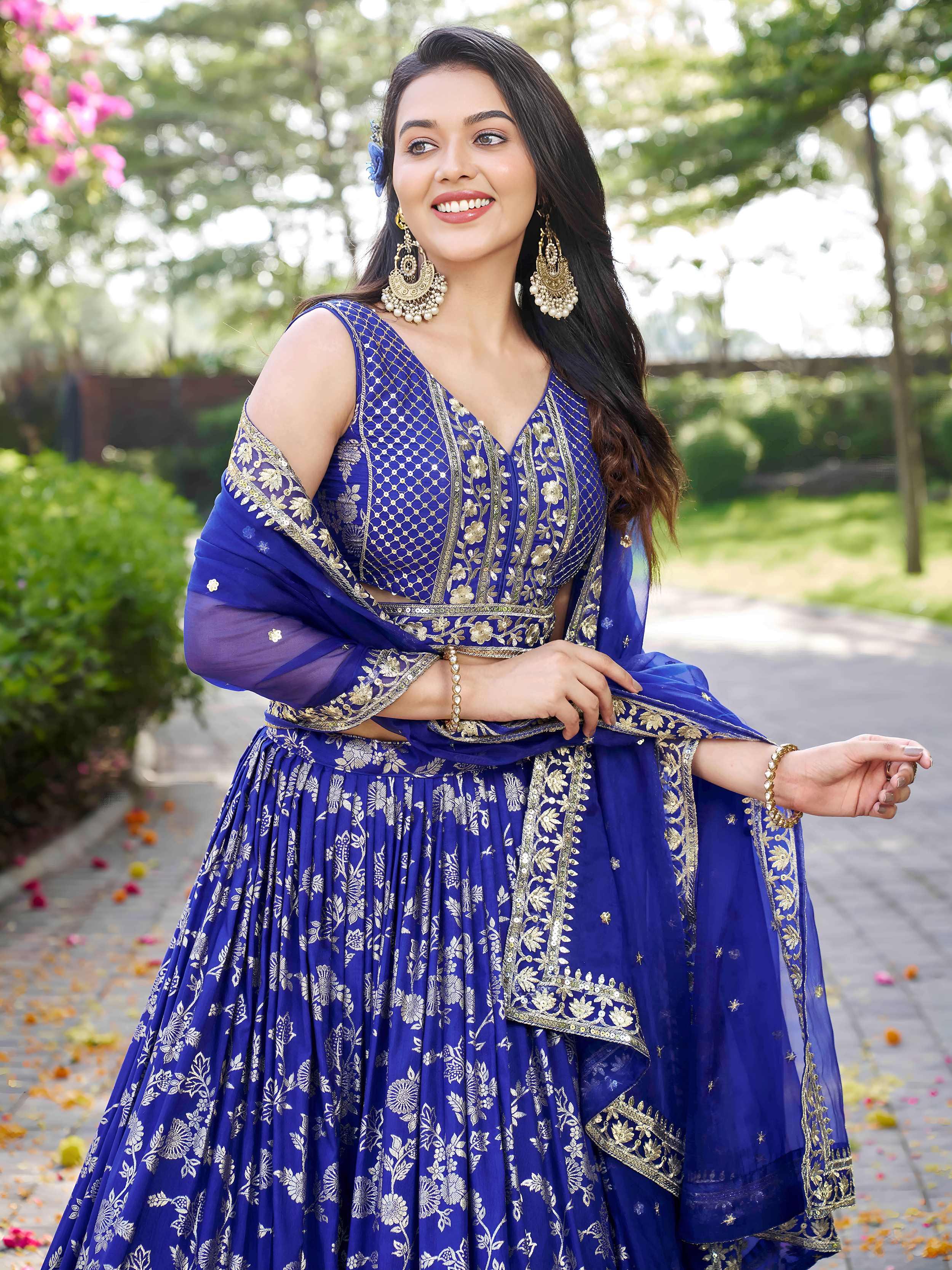 Blue Dola Silk Jacquard Embroidered Lehenga Choli with Dupatta