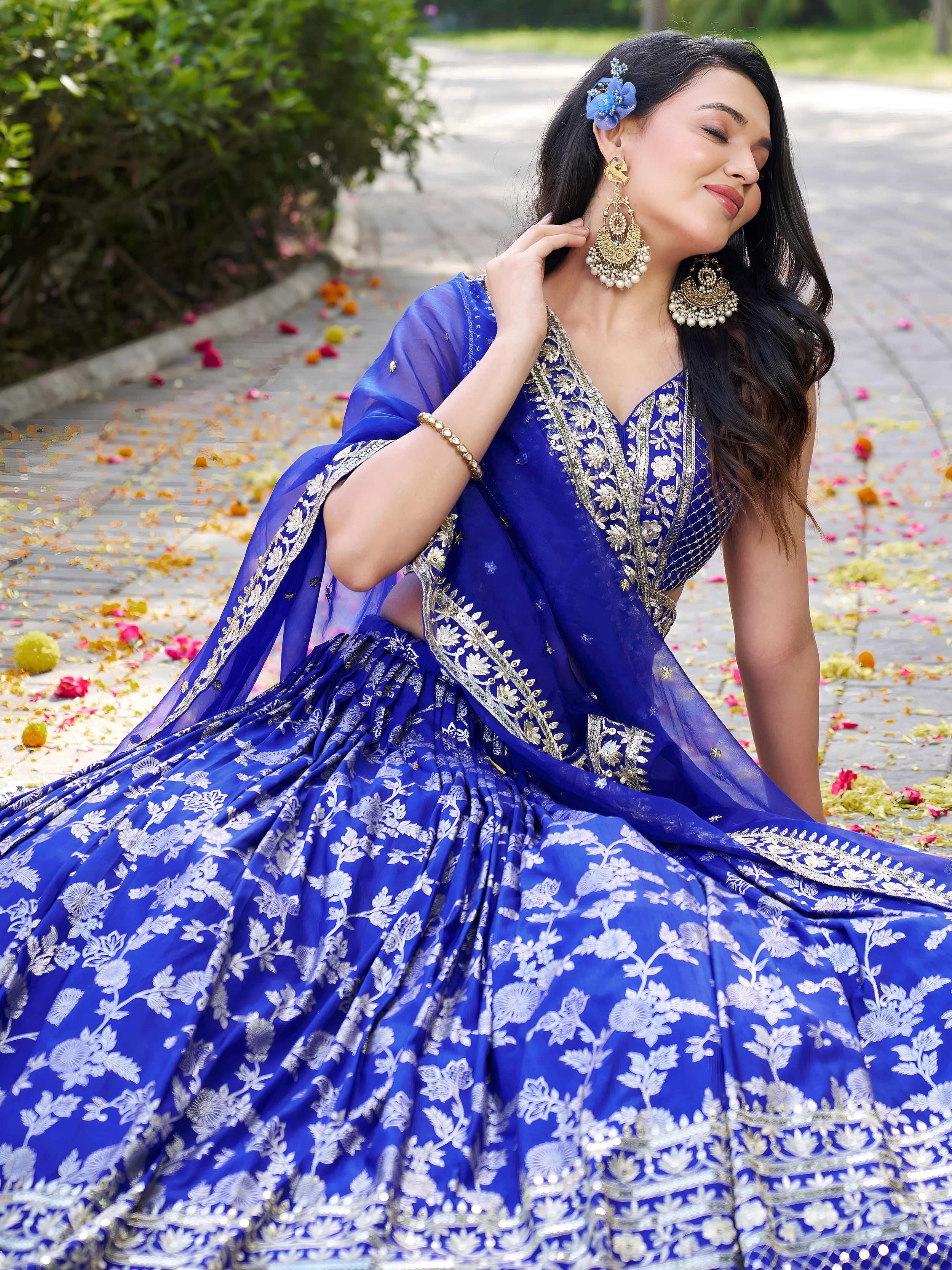 Blue Dola Silk Jacquard Embroidered Lehenga Choli with Dupatta