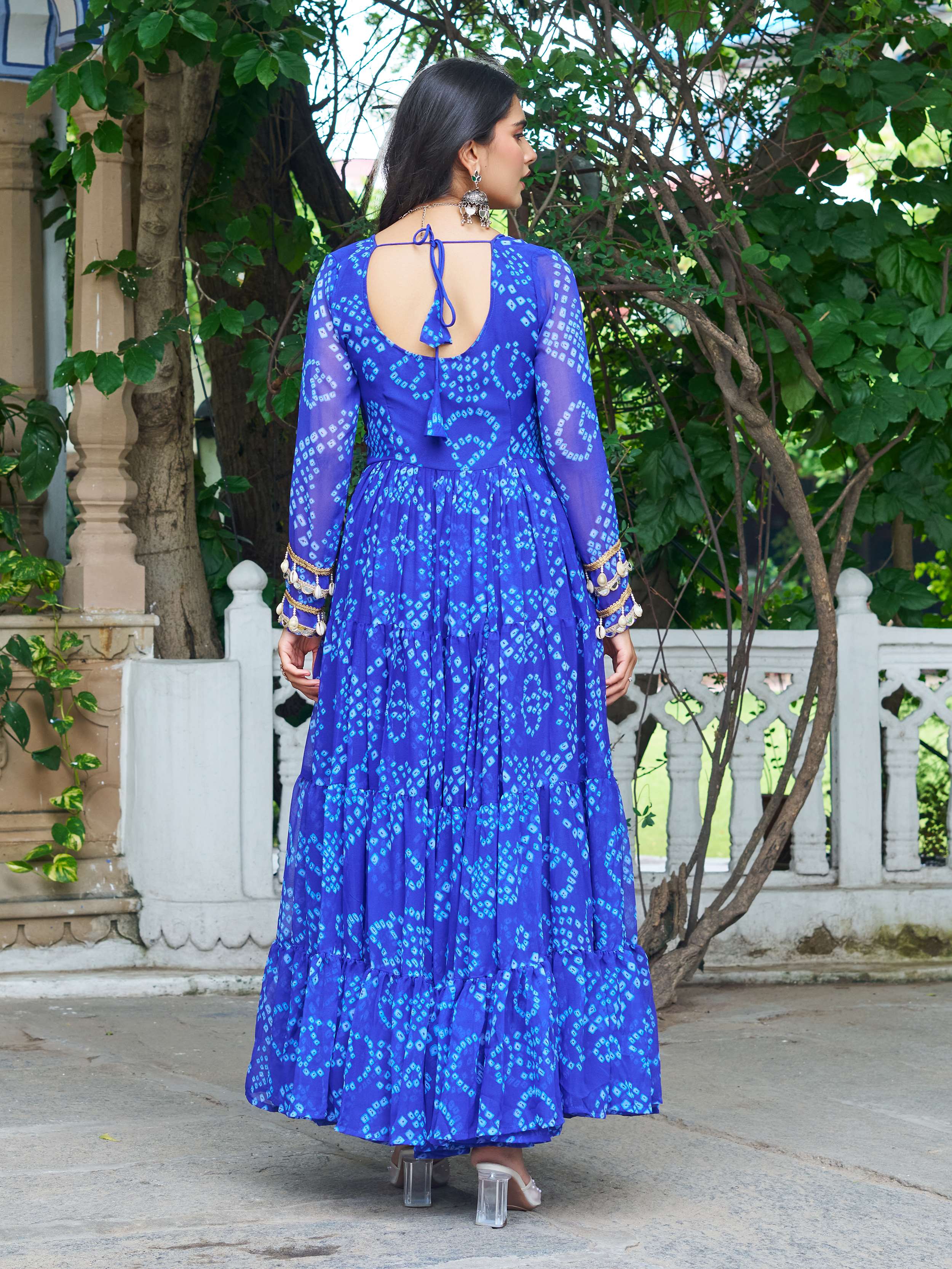 Blue Faux Georgette Bandhani Print Kutchi Patchwork Navratri Gown