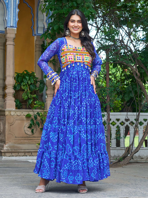Blue faux georgette Bandhani print Kutchi patchwork Navratri gown