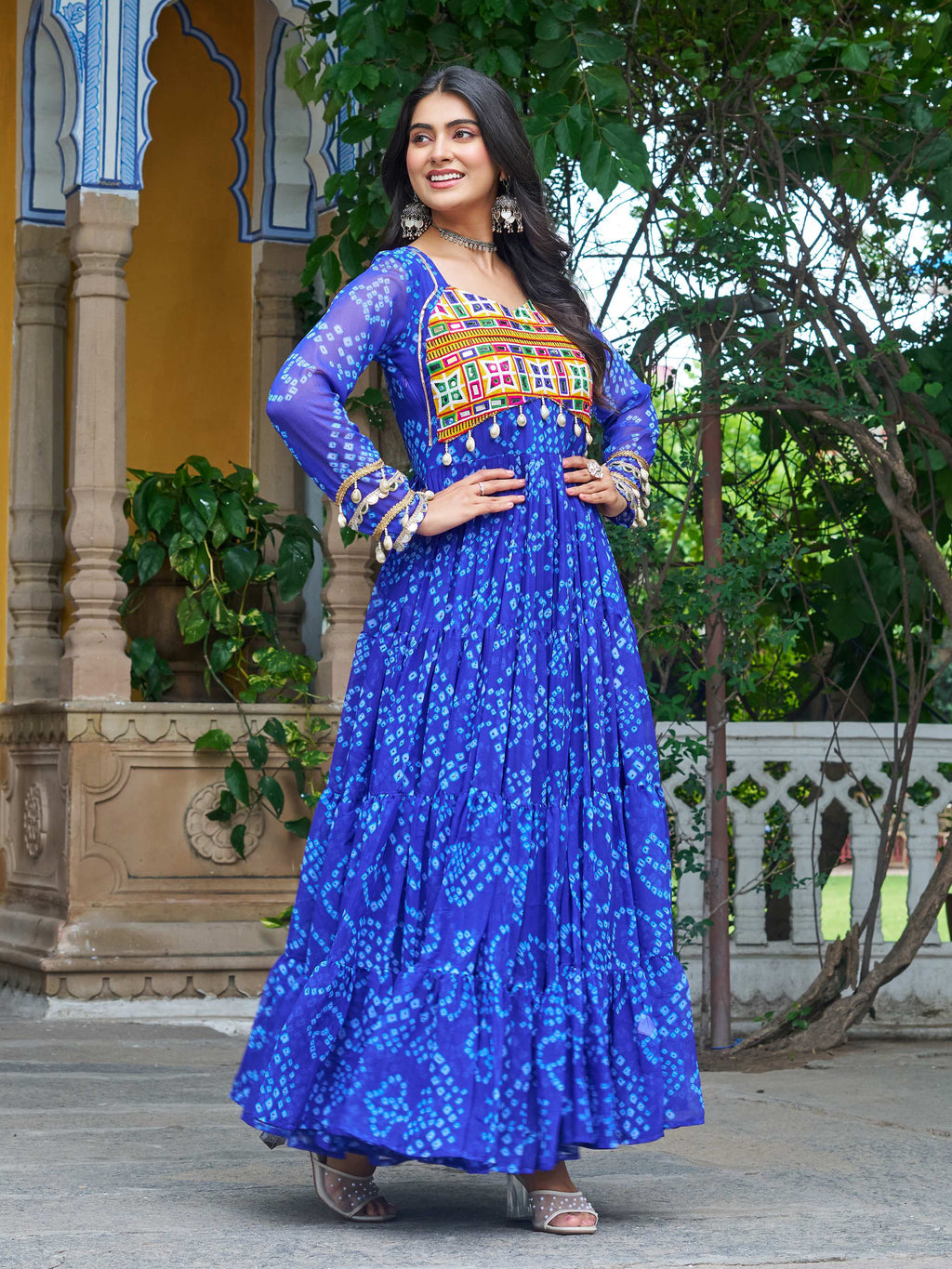Blue Faux Georgette Bandhani Print Kutchi Patchwork Navratri Gown